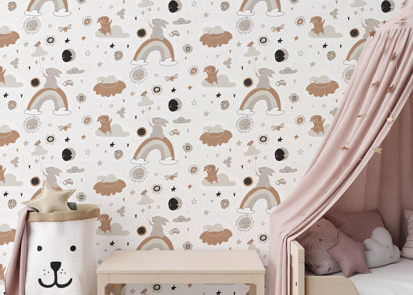 Playful bunny and rainbow wallpaper for kids