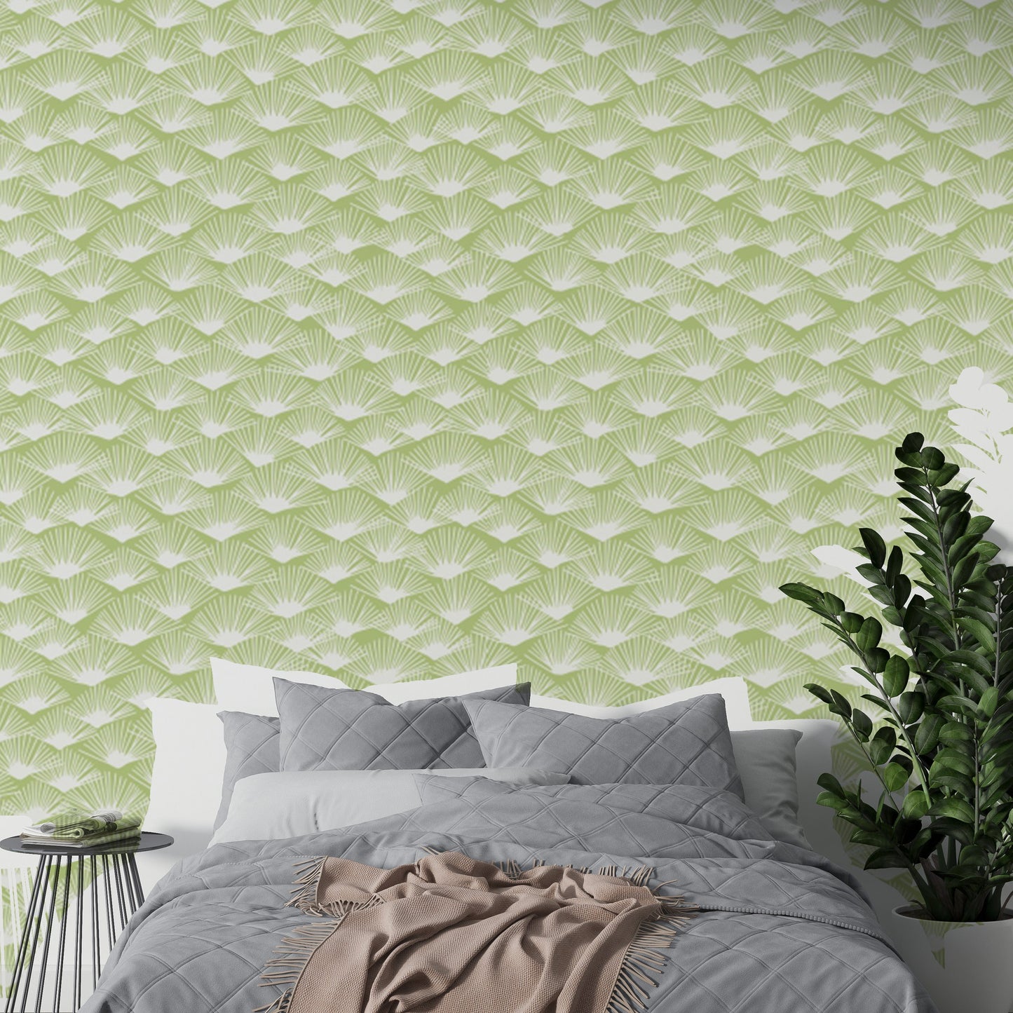 Tropical Fanfare Sage wallpaper featuring lush botanical designs.
