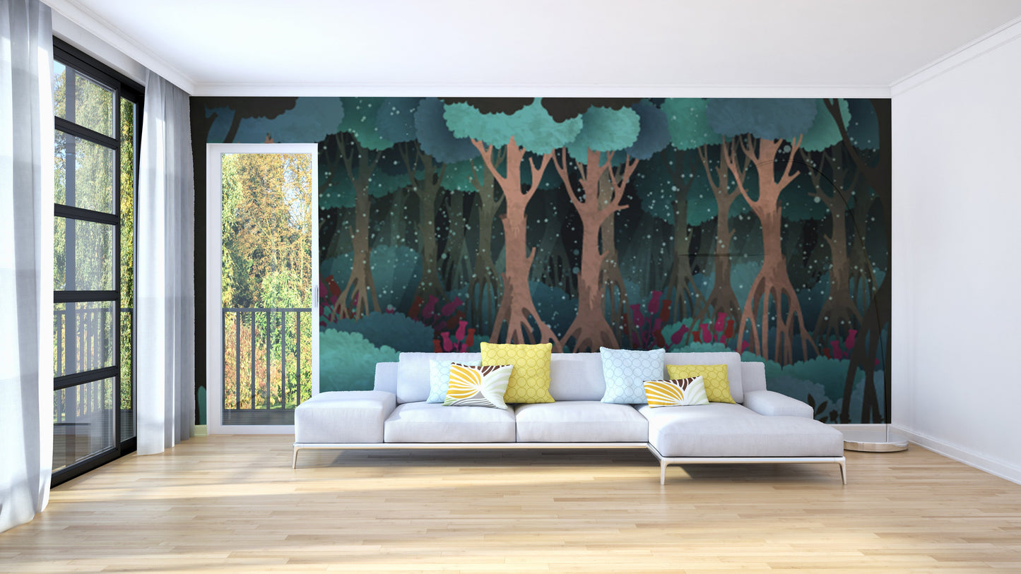 Green Watercolor Fairytale Forest Wallpaper Murals - Giffywalls