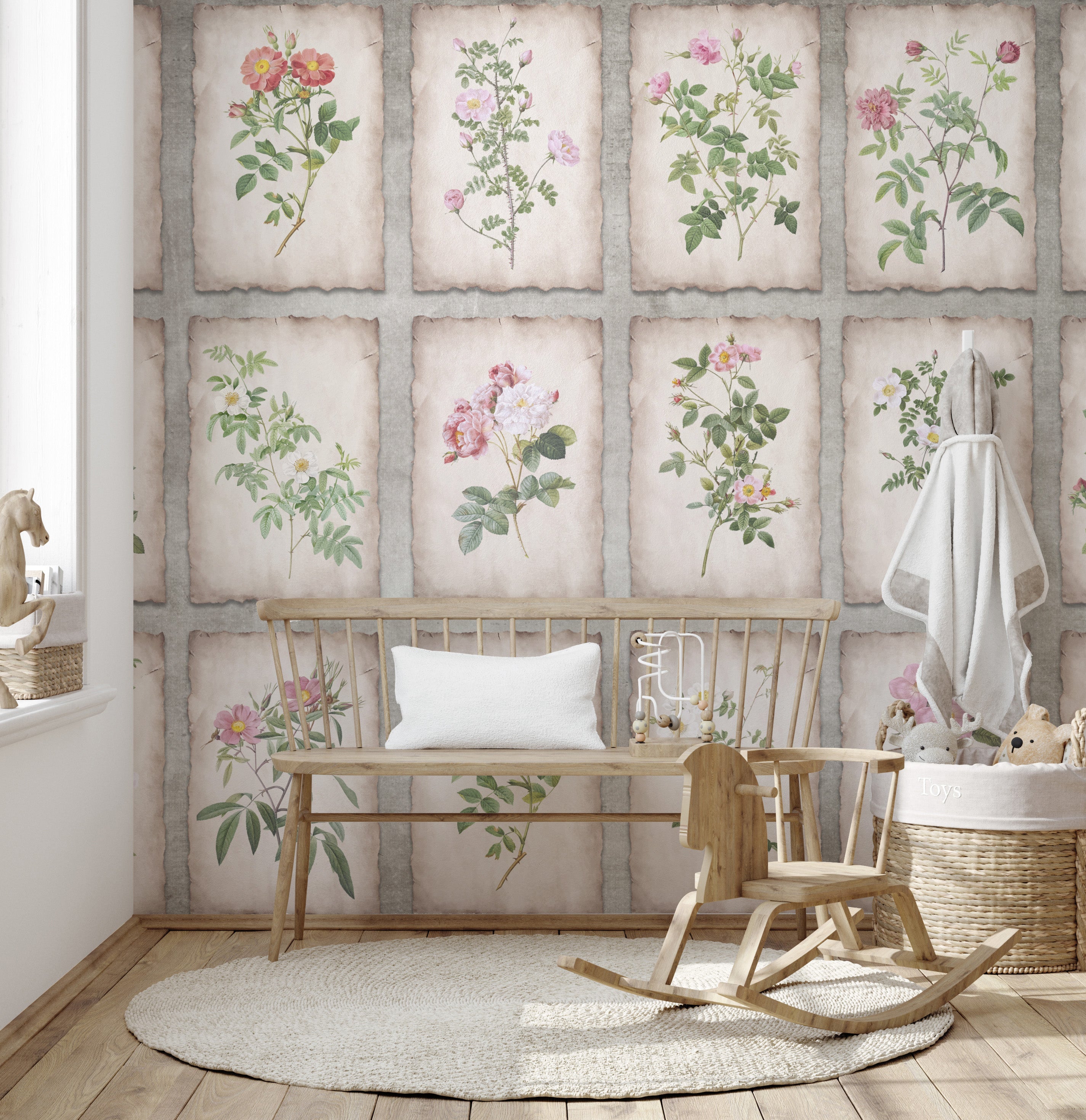 Elegant framed botanicals mural with heritage charm