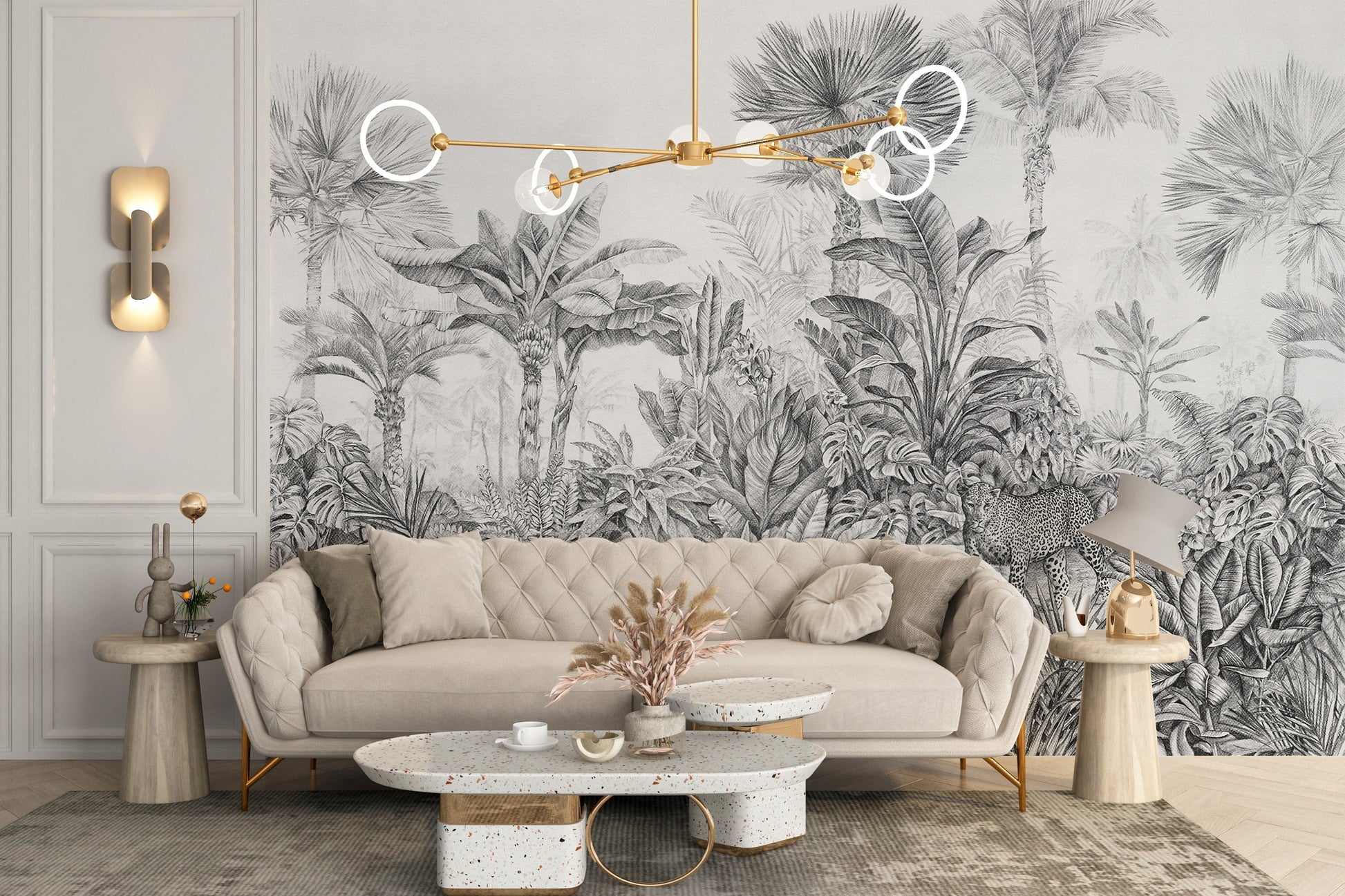 Grey jungle wall murals with leopard design
