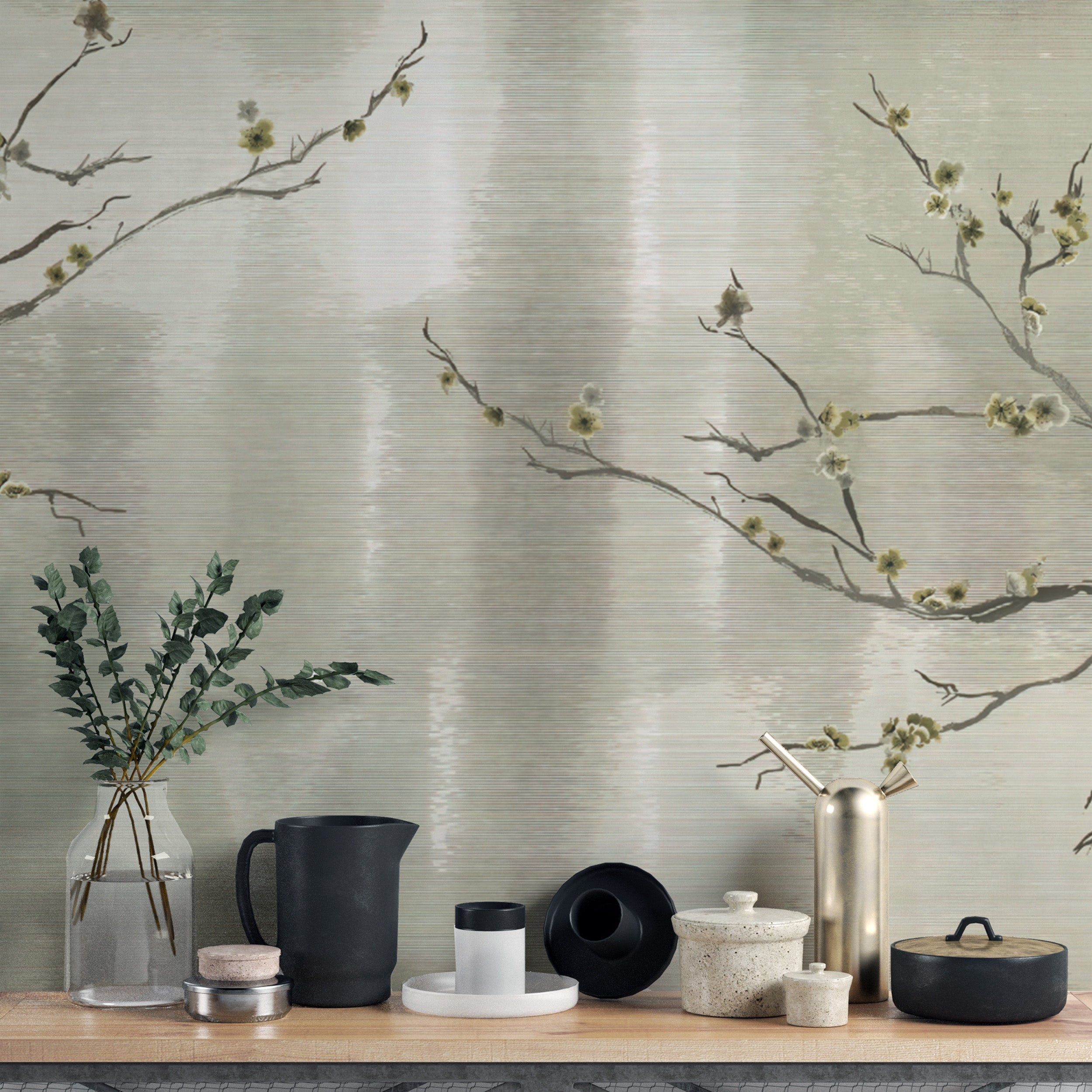 Japanese-inspired wallpaper with vibrant floral blossoms