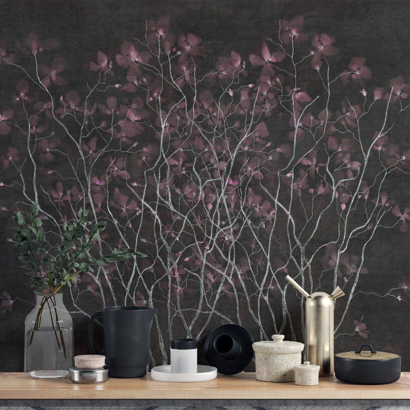 Nightshade floral illusion mural with a moody botanical theme.