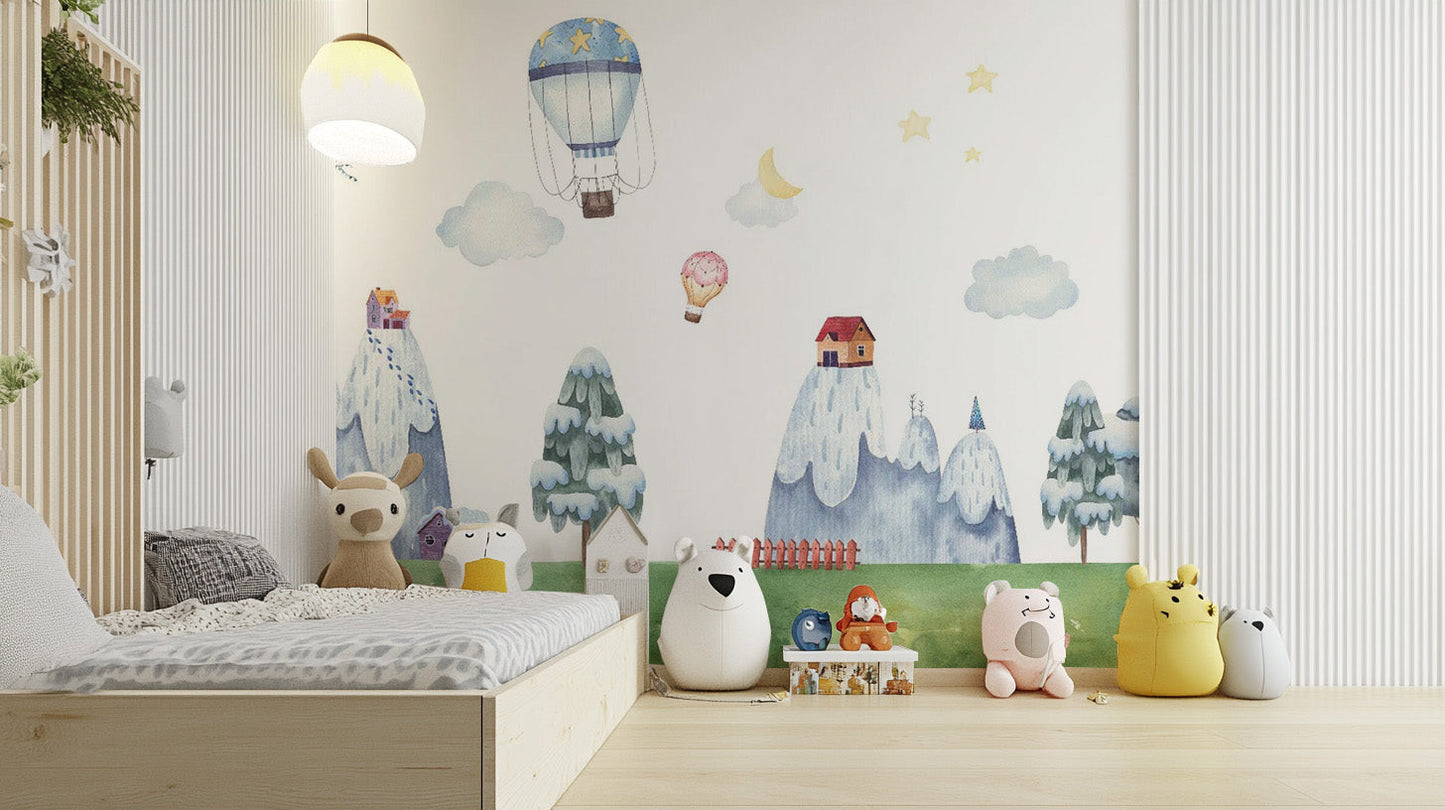 Watercolor city mural with hot air balloons wallpaper
