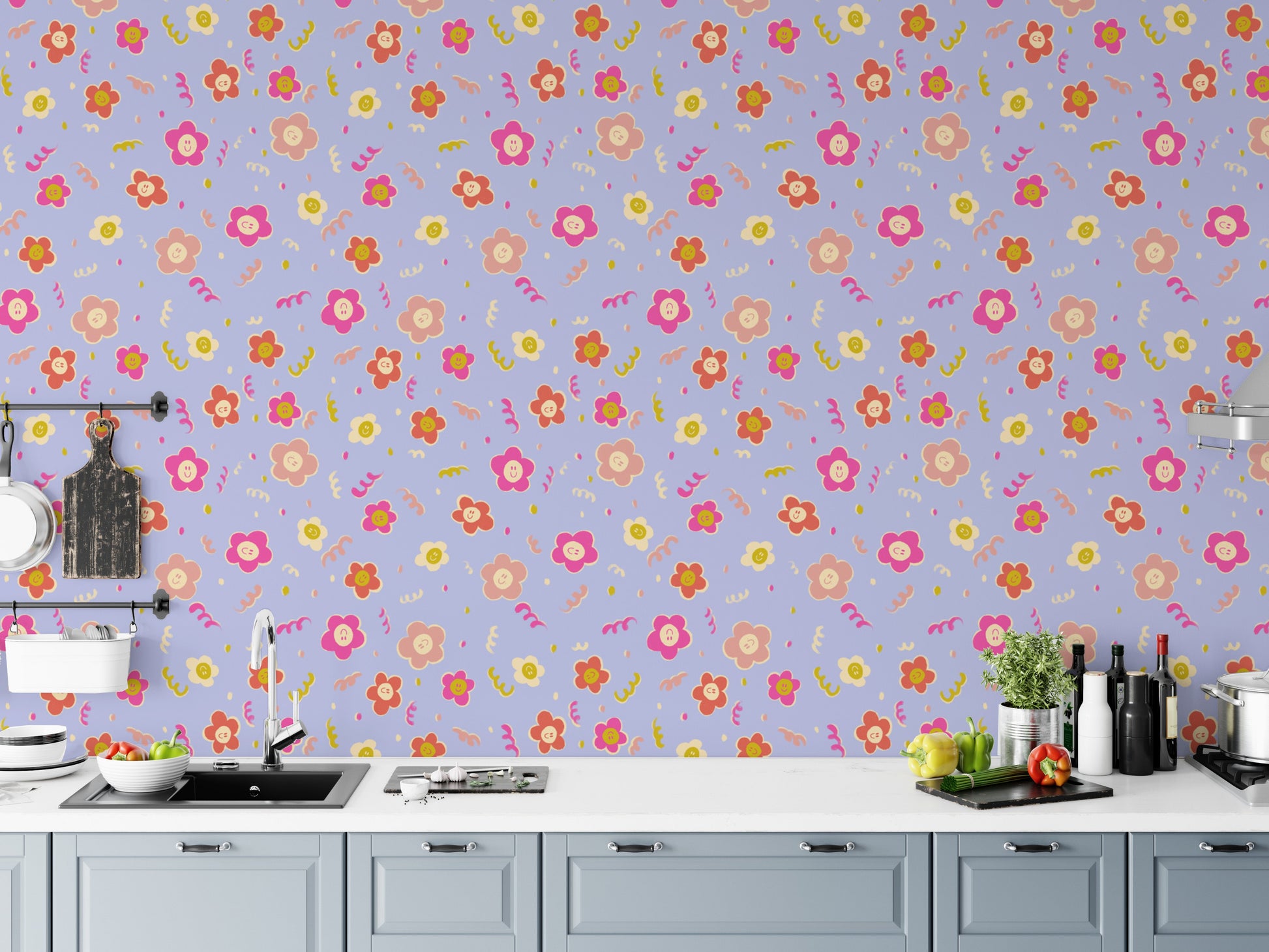 Minimalist smiley blooms wallpaper with modern floral accents.
