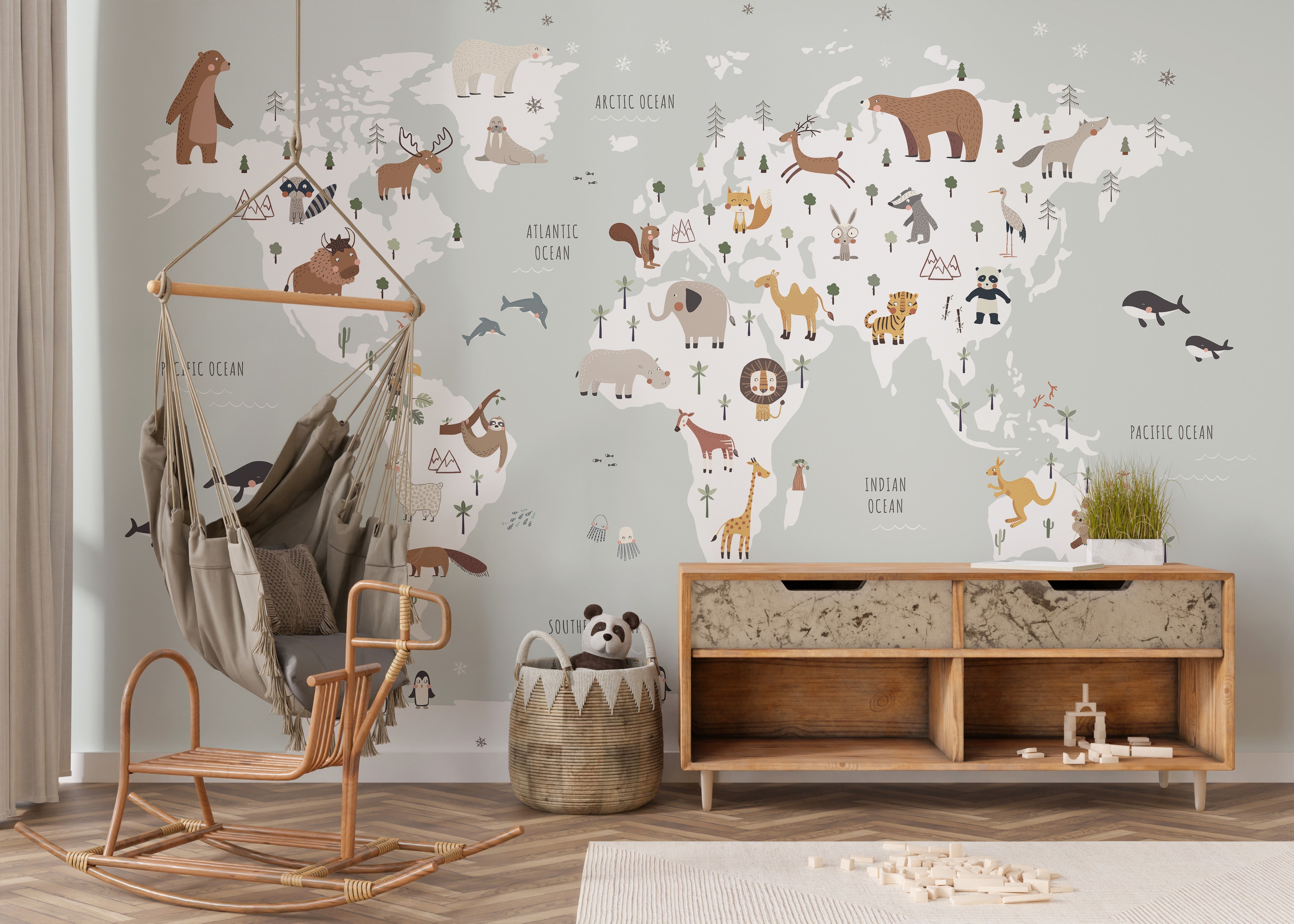 Illustrated world map with animals for toddlers
