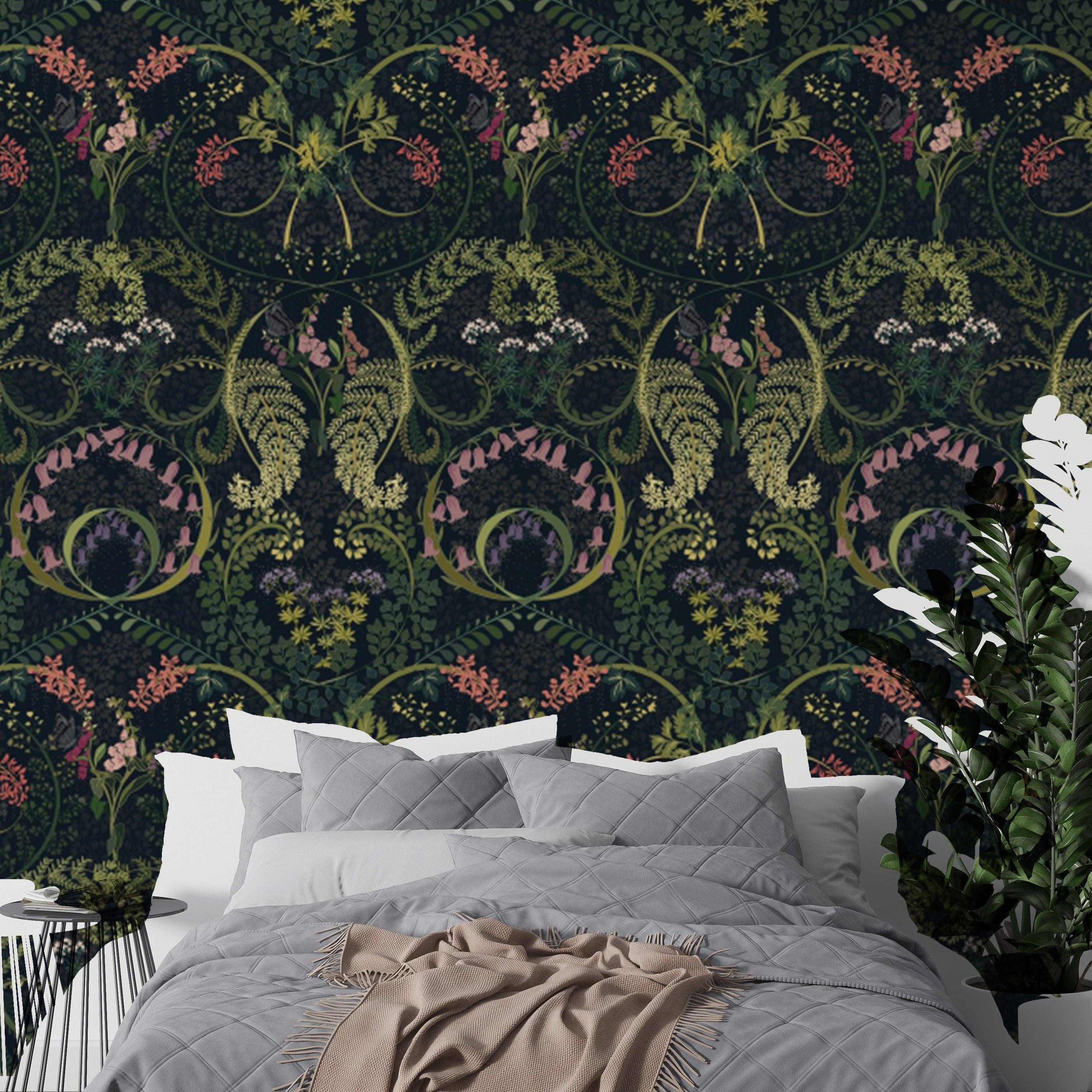 Animal and botanical patterns define Fauna Silhouette wallpaper