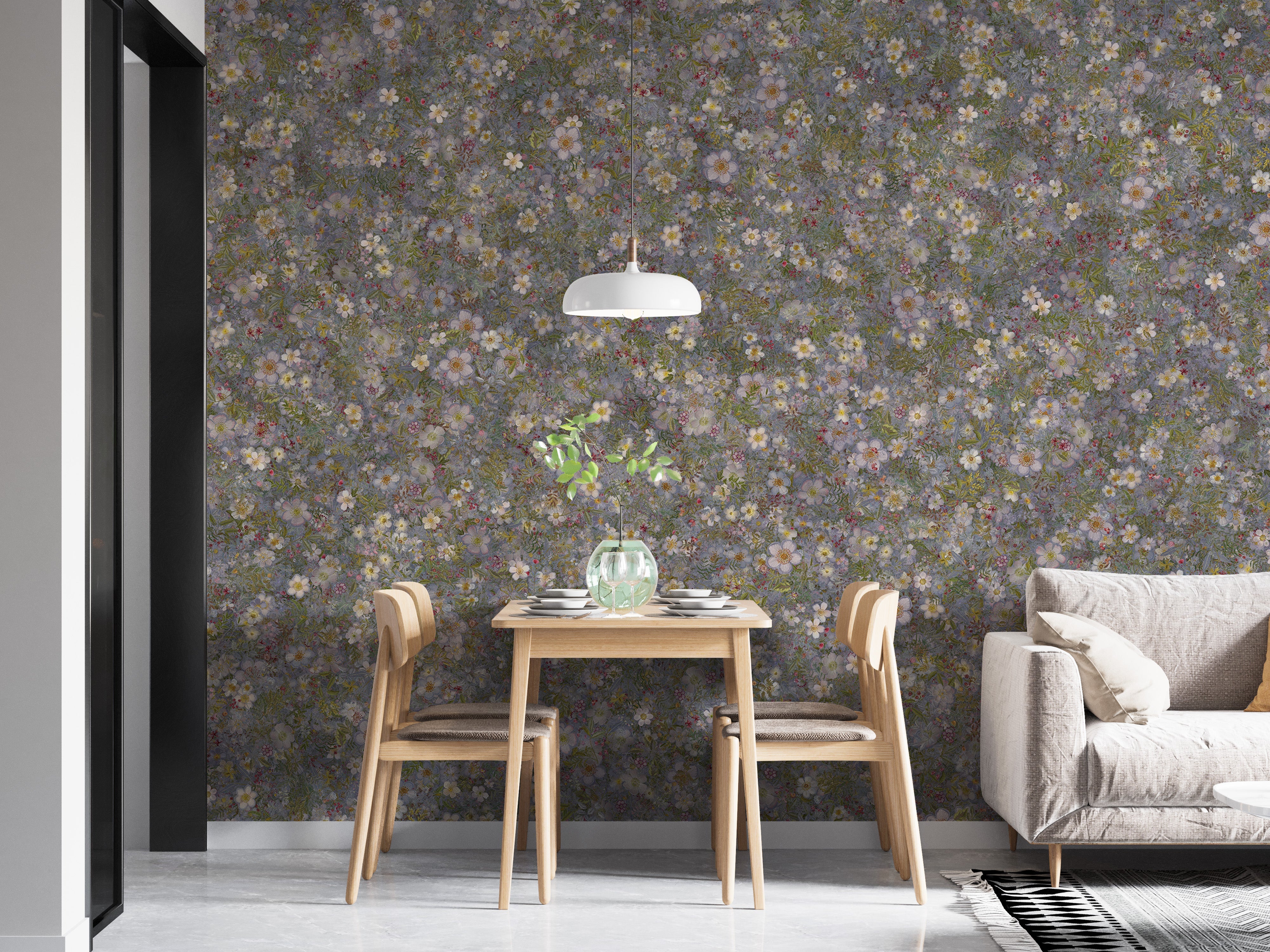 Embroidery Wild Flowers Lila White Wallpaper Murals - Giffywalls