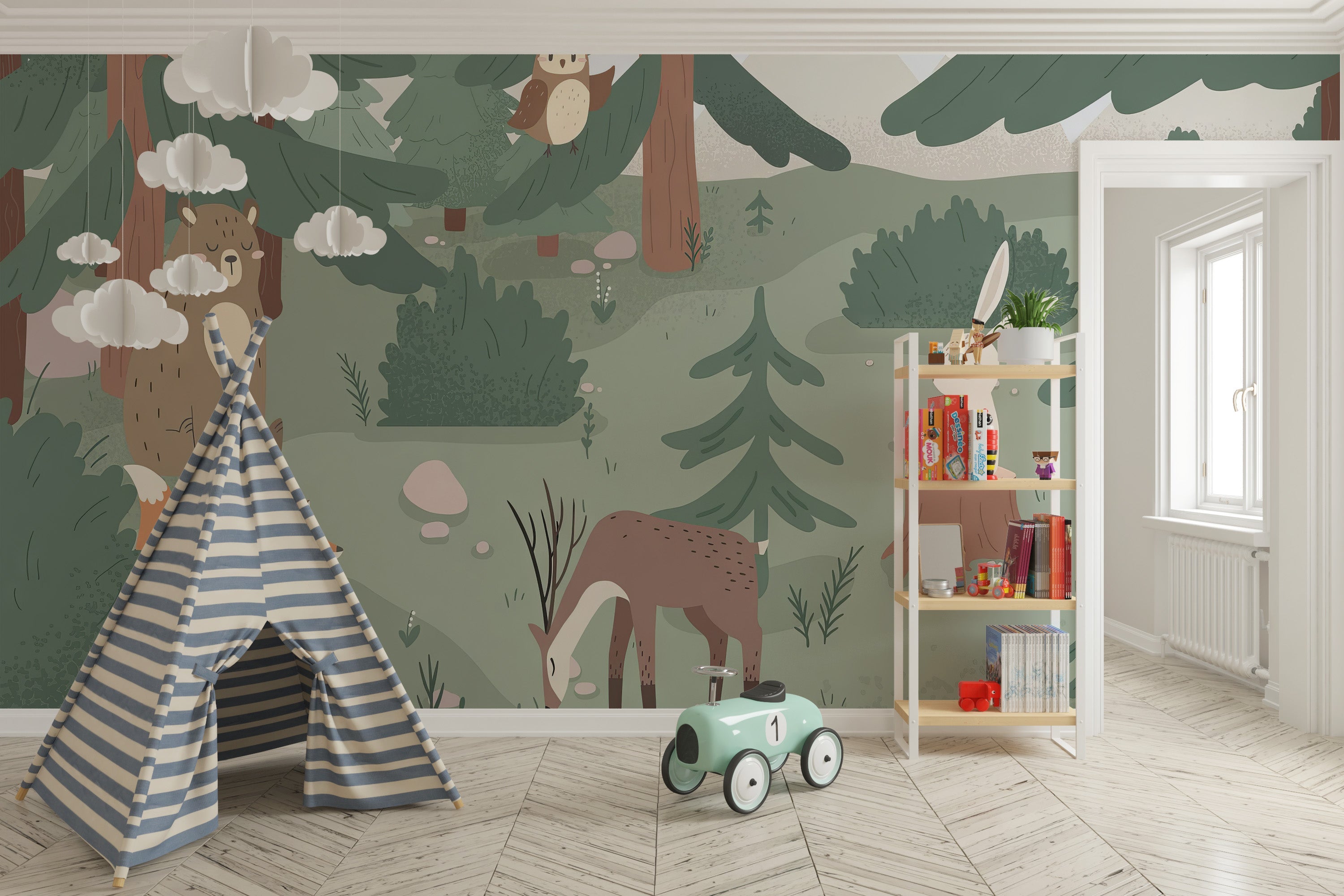 Transform your kids' space with a forest fables wall mural.