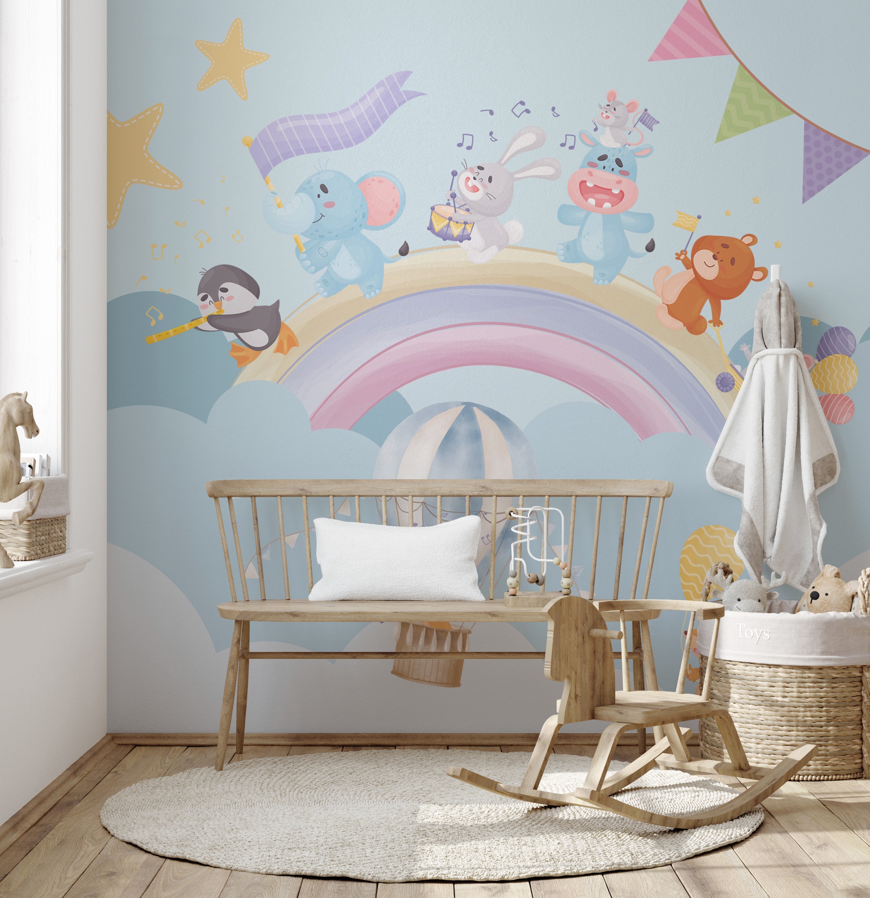 Musical Animals Rainbow Parade Mural peel and stick wallpaper