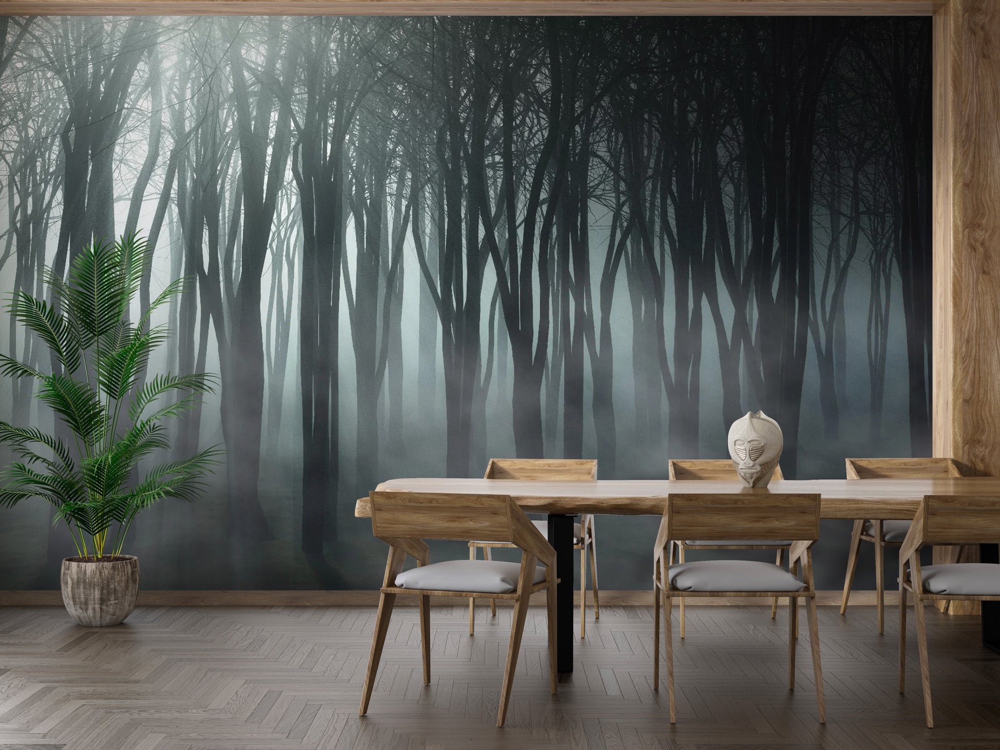 Spooky misty forest wallpaper for Halloween decor