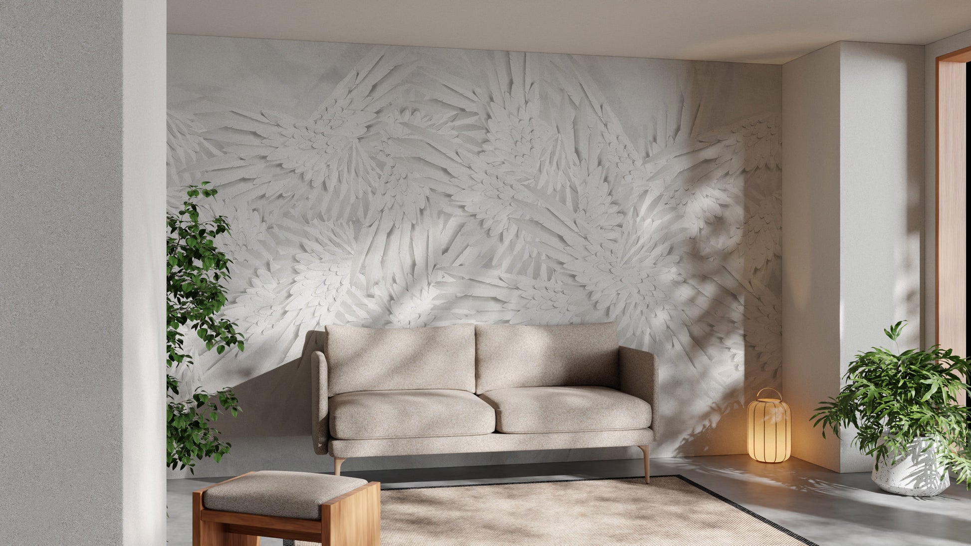 Angelic Aegis mural with soft, flowing Hermes feather patterns.
