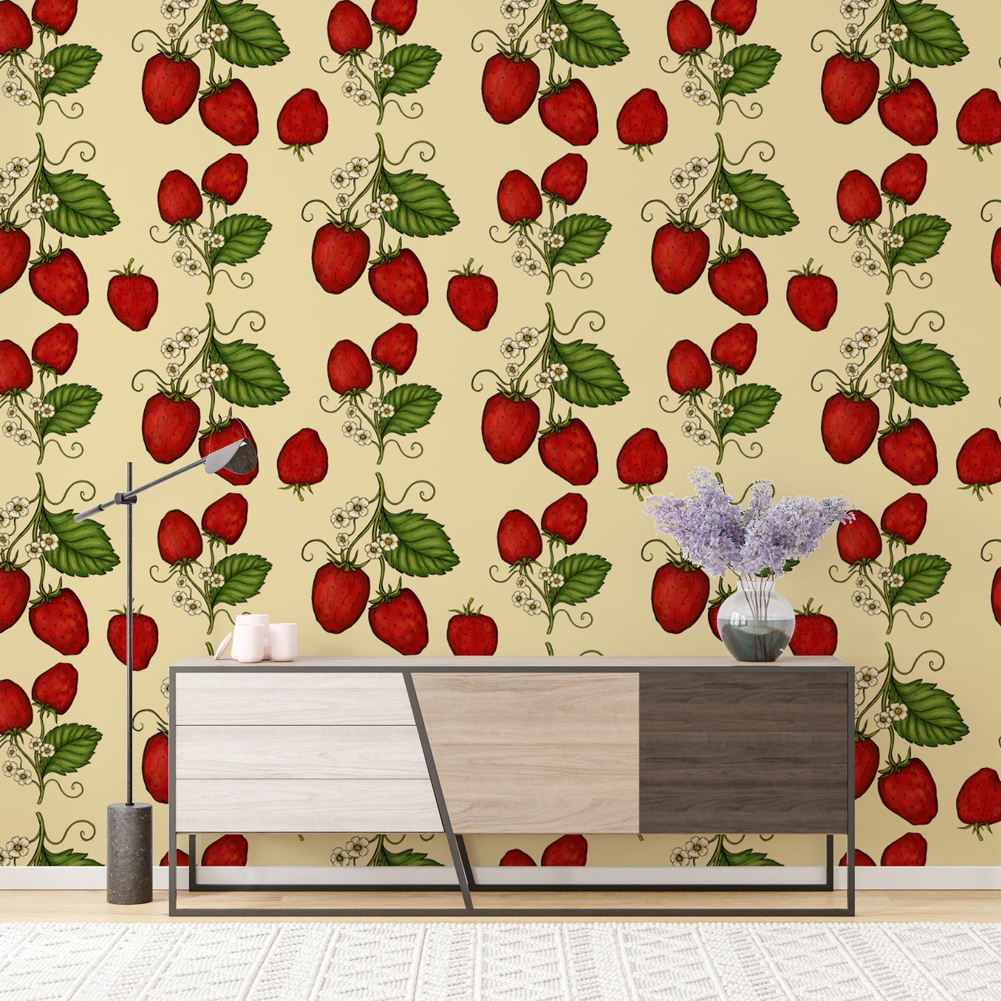 Bold red strawberry vines wallpaper for cheerful wall decor.
