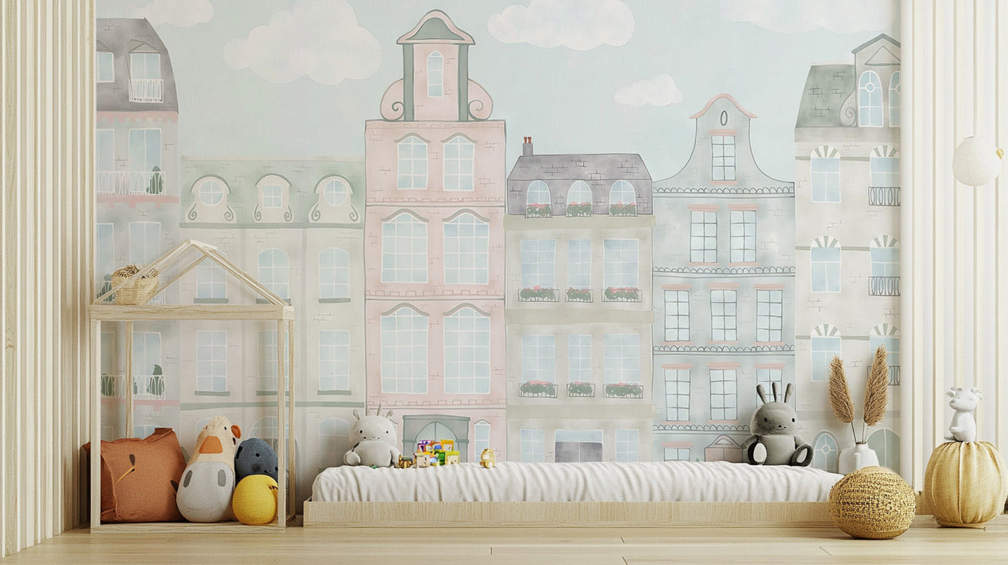 Watercolor City Scene Mural Wallpaper - Giffywalls