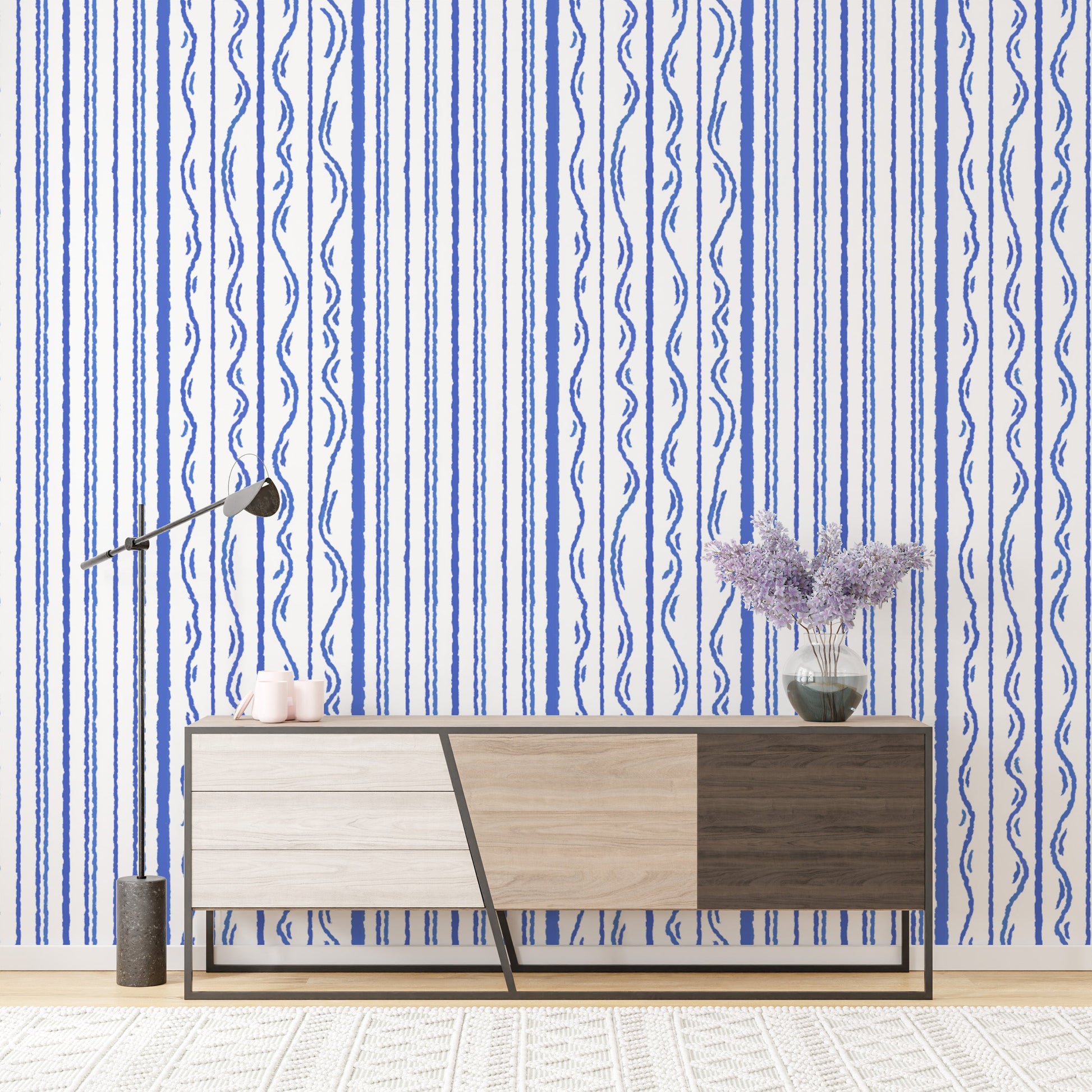 Minimalist classic blue stripe mural for a clean, crisp design.
