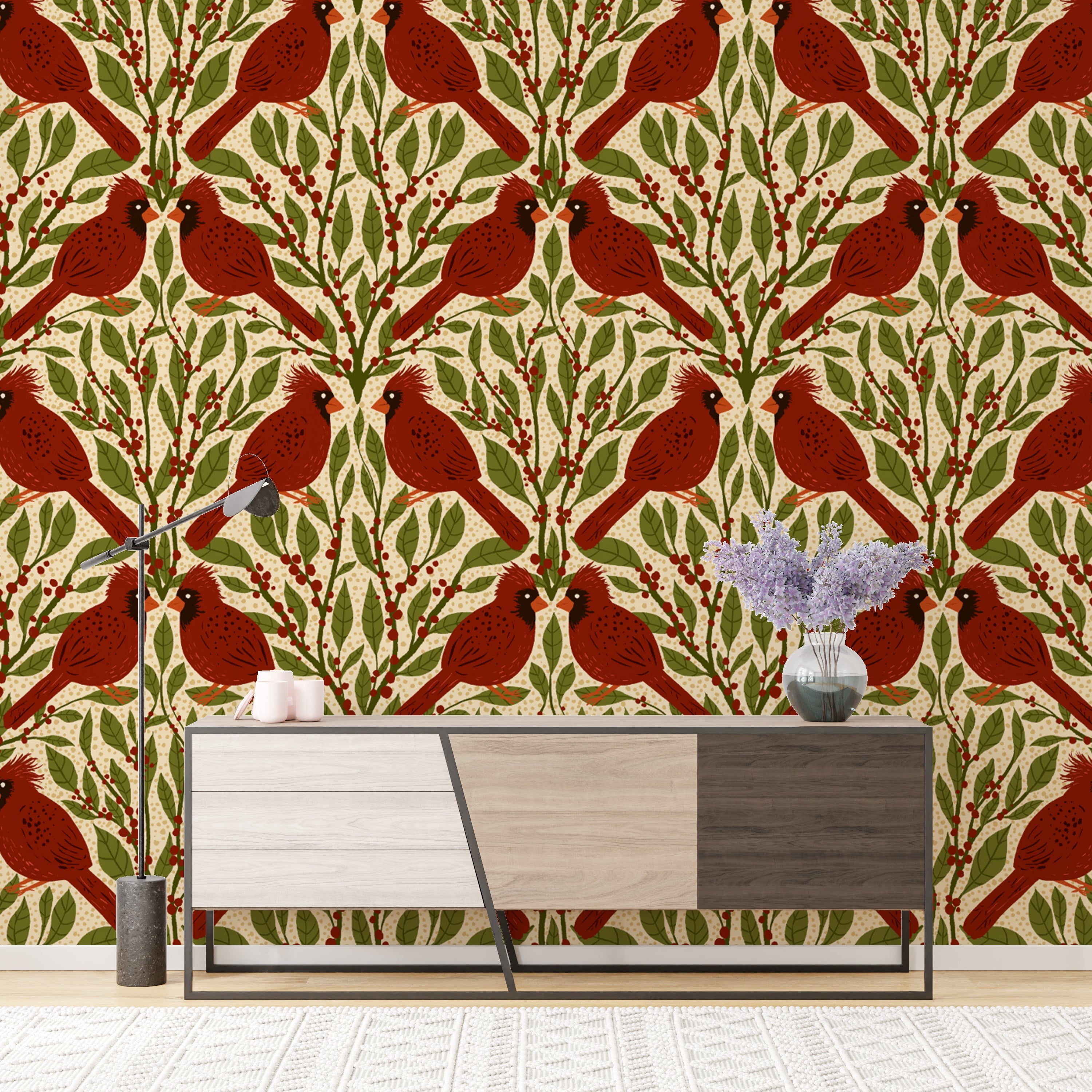 Classic vintage cardinal wallpaper for a warm, inviting look.
