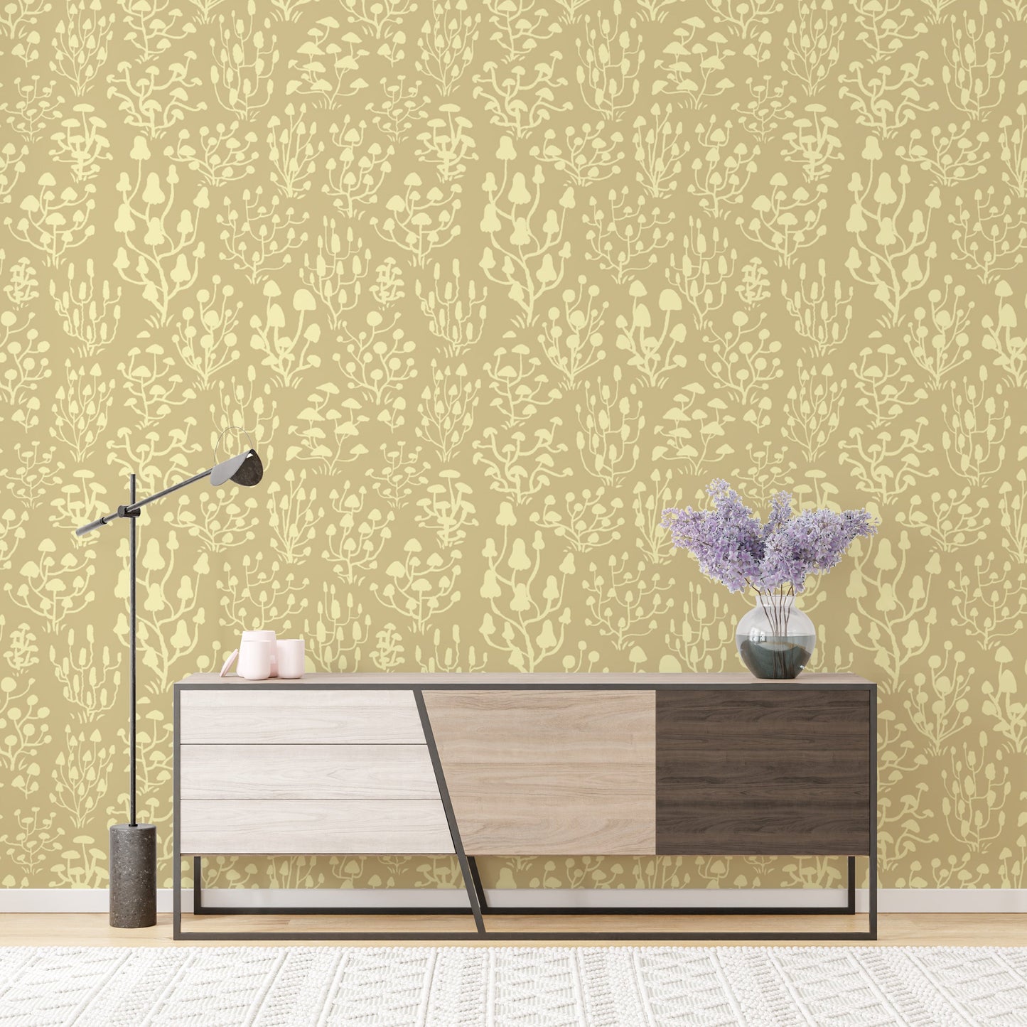 Charming ditsy mushroom wallpaper in yellow for cozy accents.