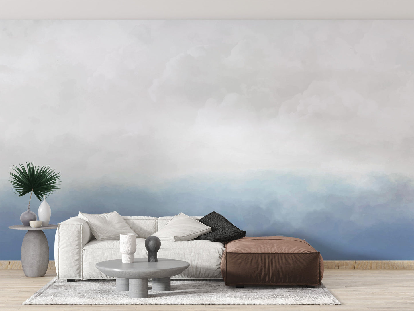 Open feel with Blue White Sky Mural living room