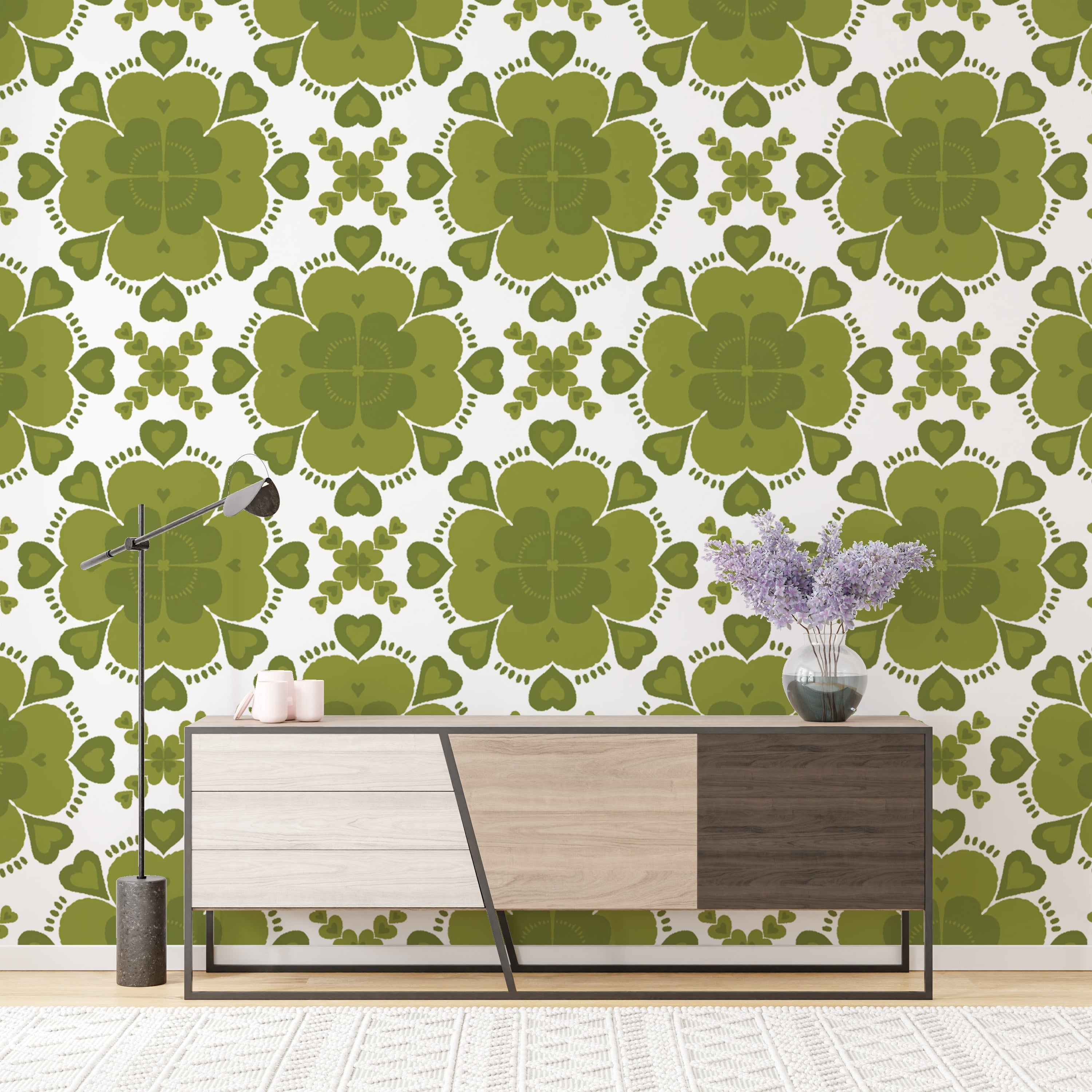 Artistic green clover geometric mural for a fresh and vibrant look.
