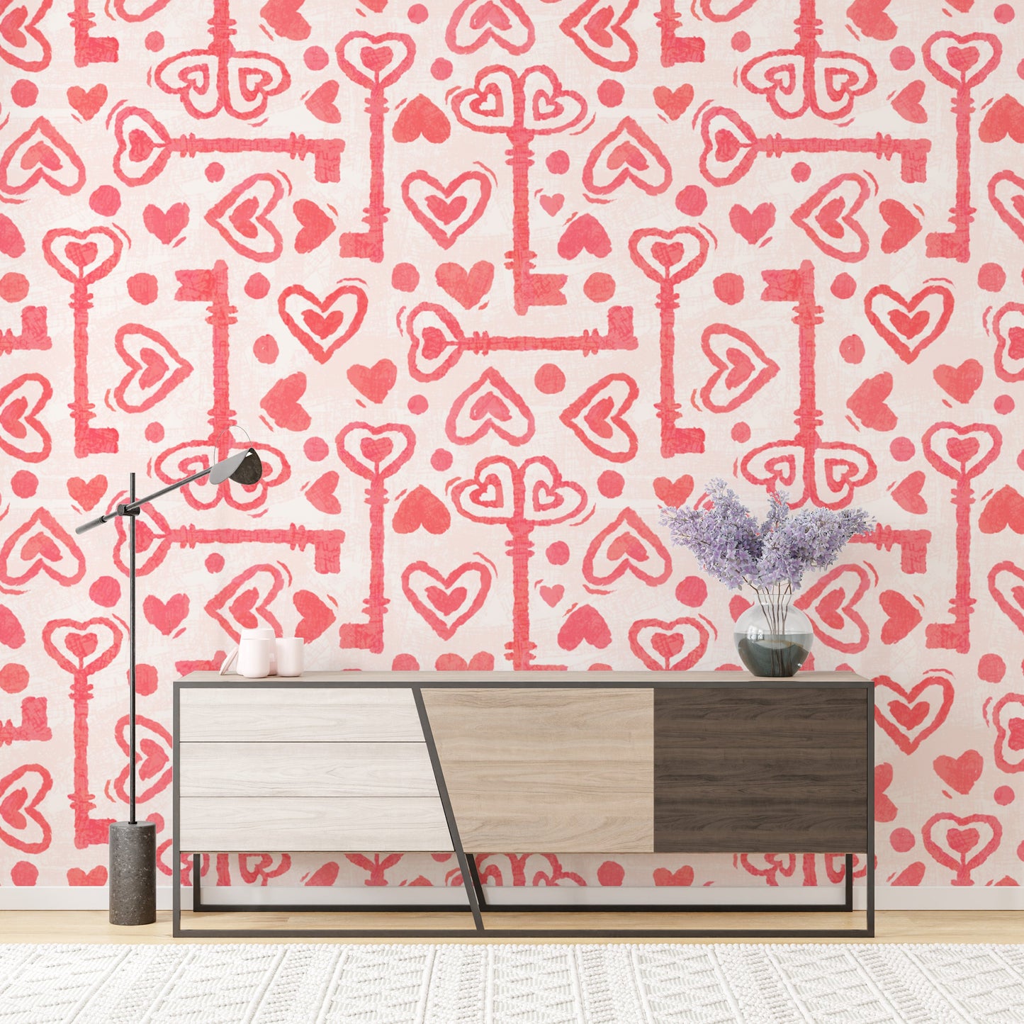 Patterned wallpaper with pink hearts and keys
