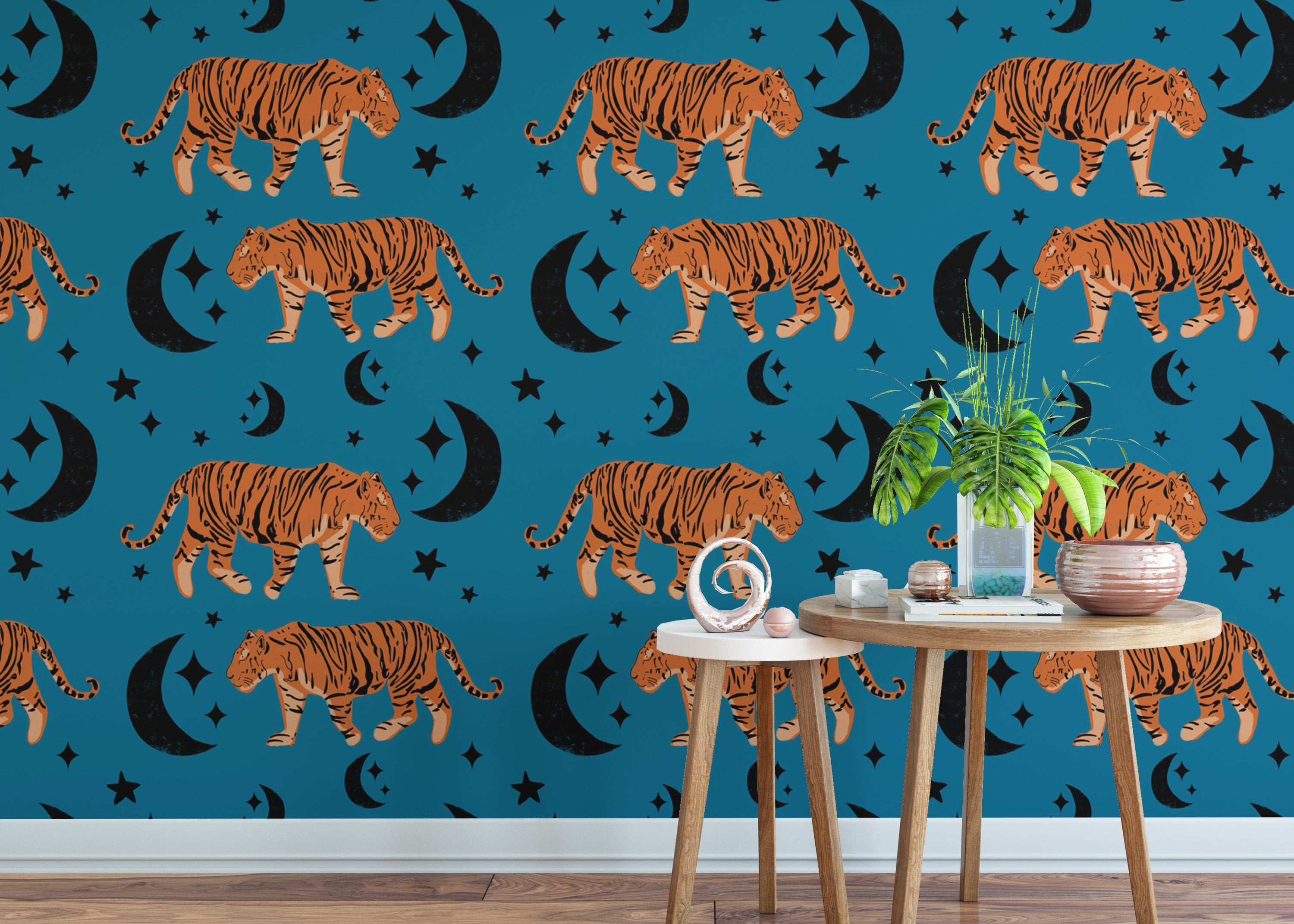 Dreamy Tiger Moon Blue Kids Room Wallpaper