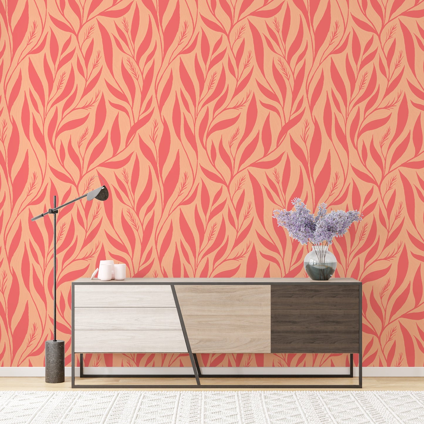 Warm-toned wallpaper with leaf motifs
