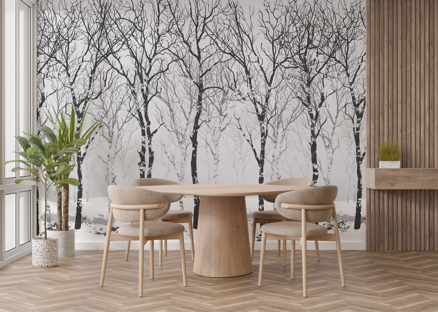 Snow-covered trees in forest wallpaper mural