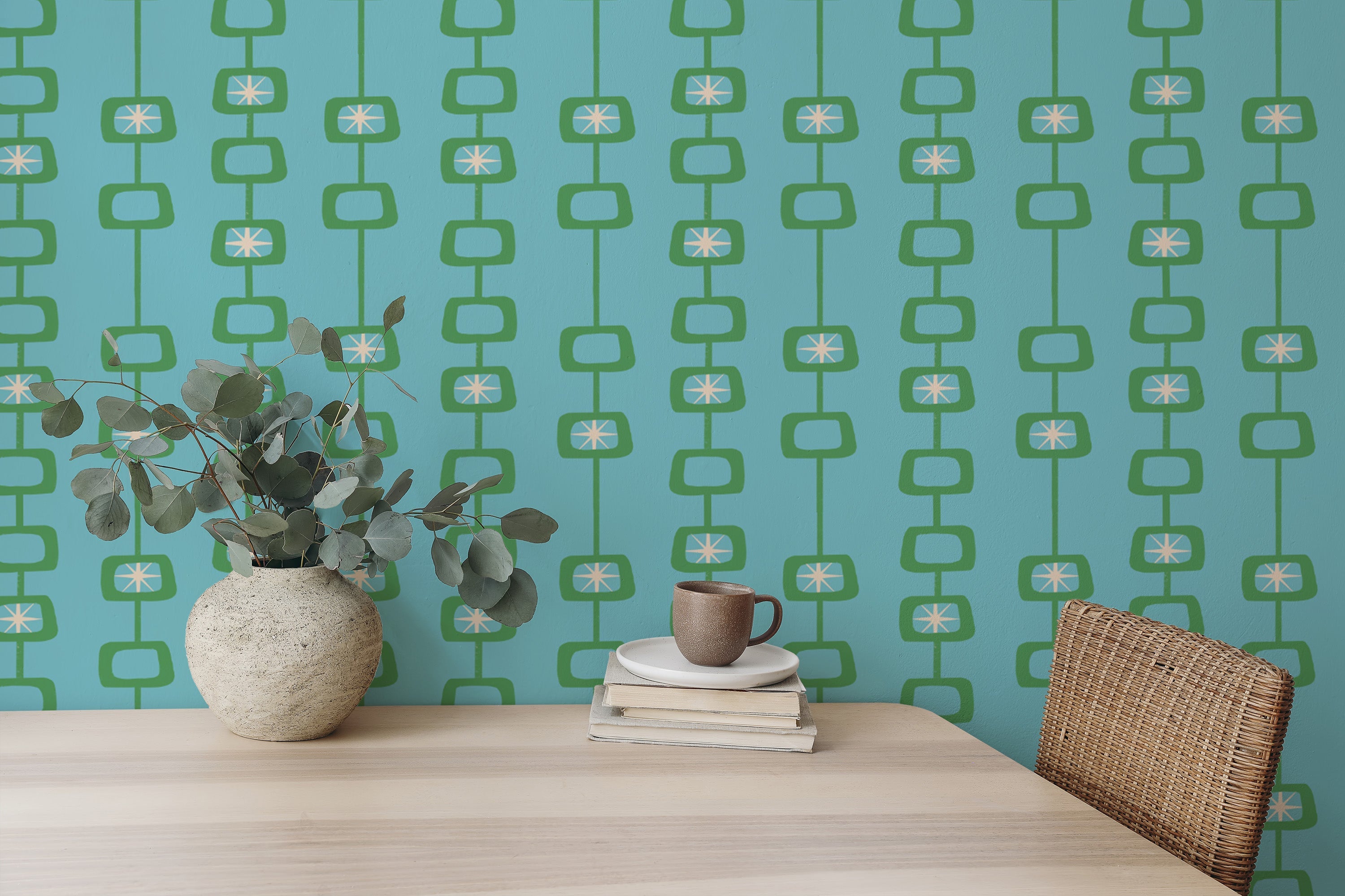 Stylish Mid Century Atomic Orbs Blue Green Wallpaper
