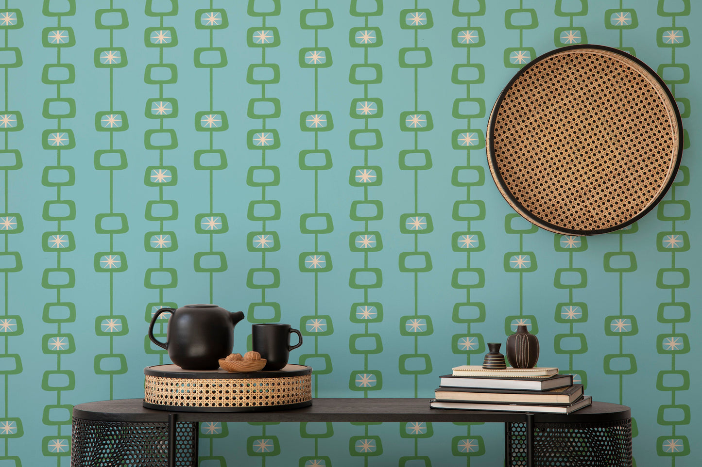 Mid Century Atomic Orbs Blue Green Wallpaper mural
