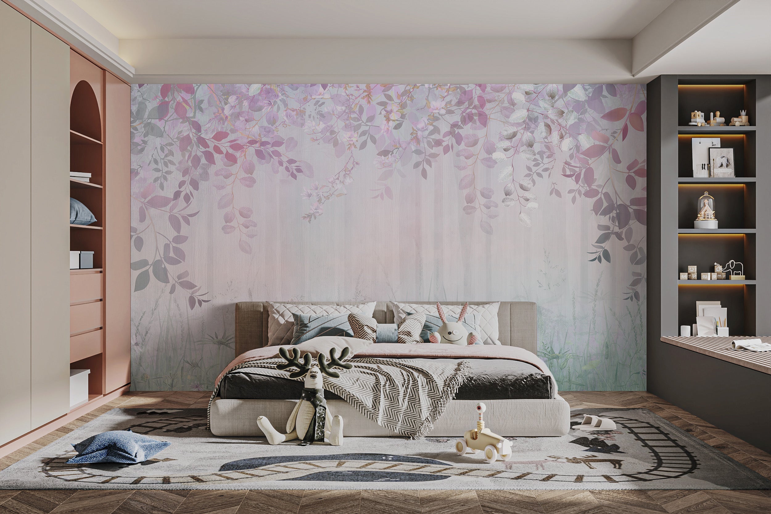 Enchanting misty purple forest mural
