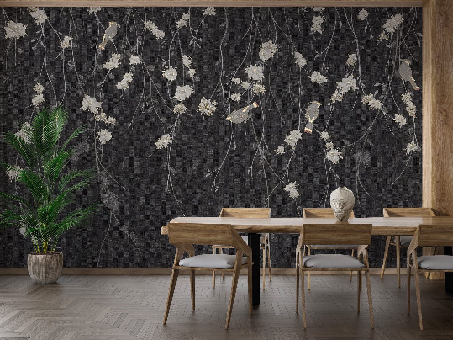 Beautiful Dark Black Flowers & Birds Wallpaper Mural - Giffywalls