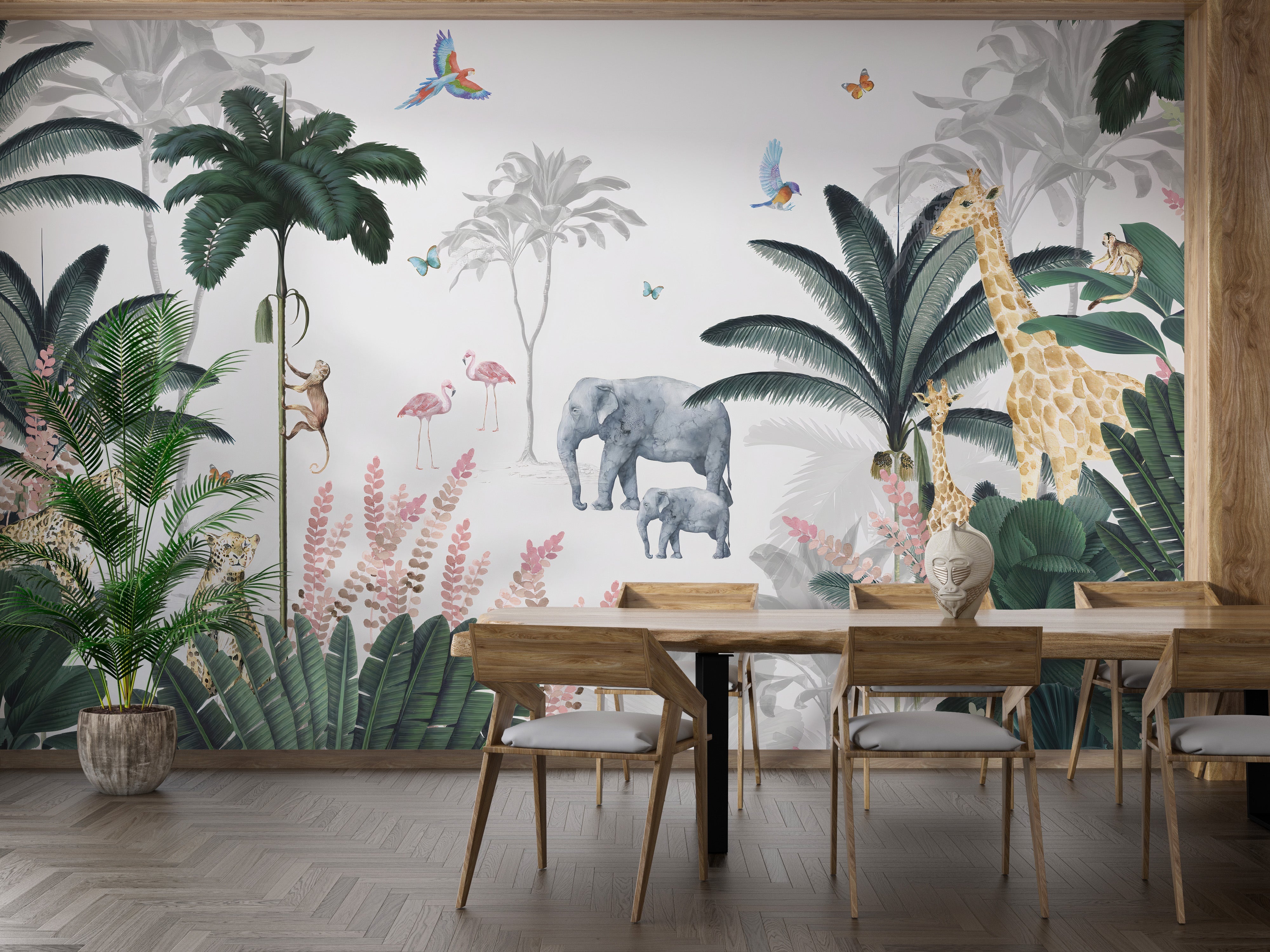 Adventure-inspired tropical safari wallpaper for kids' spaces.
