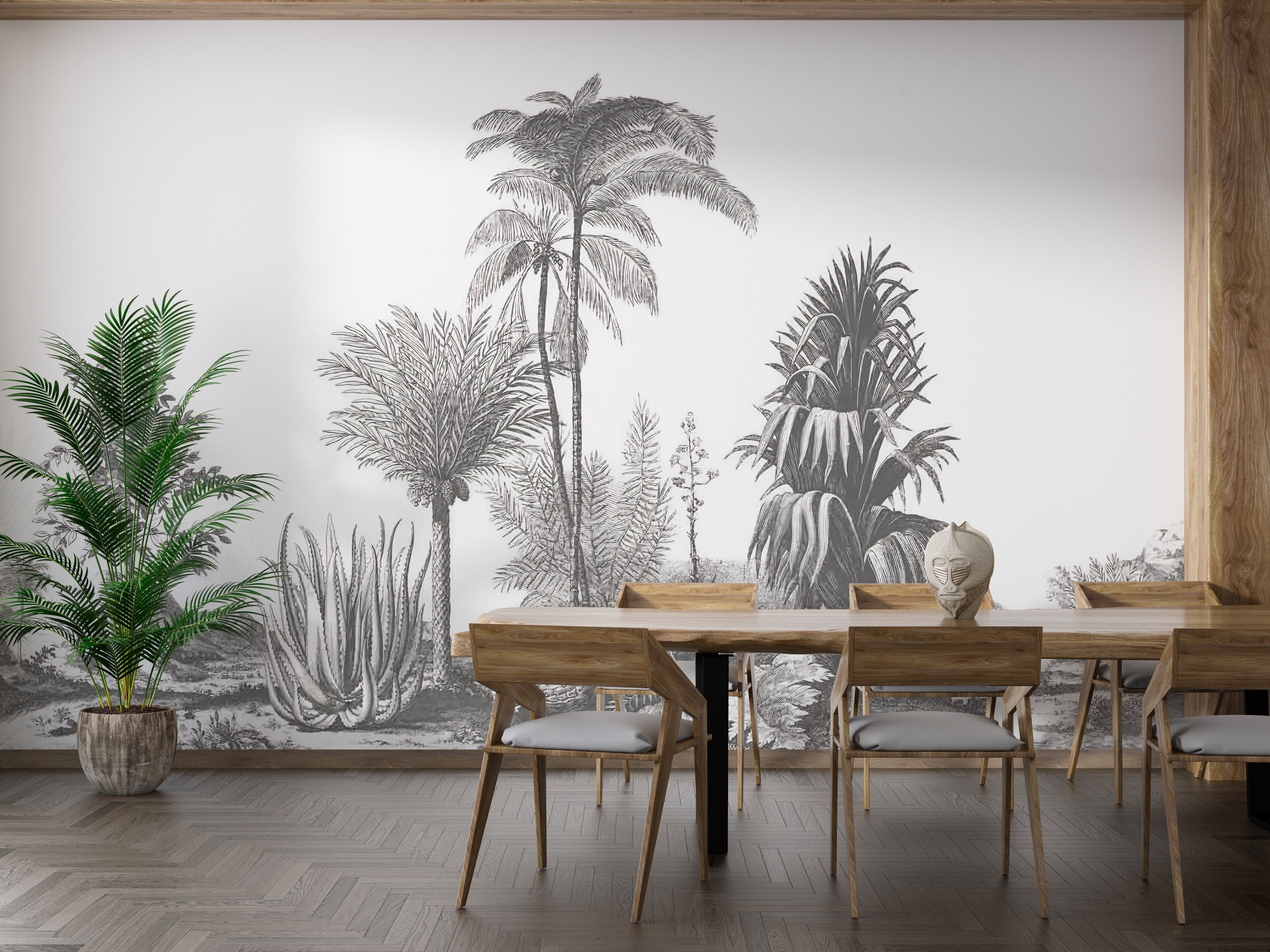 Vibrant tropical wall mural with gray tones
