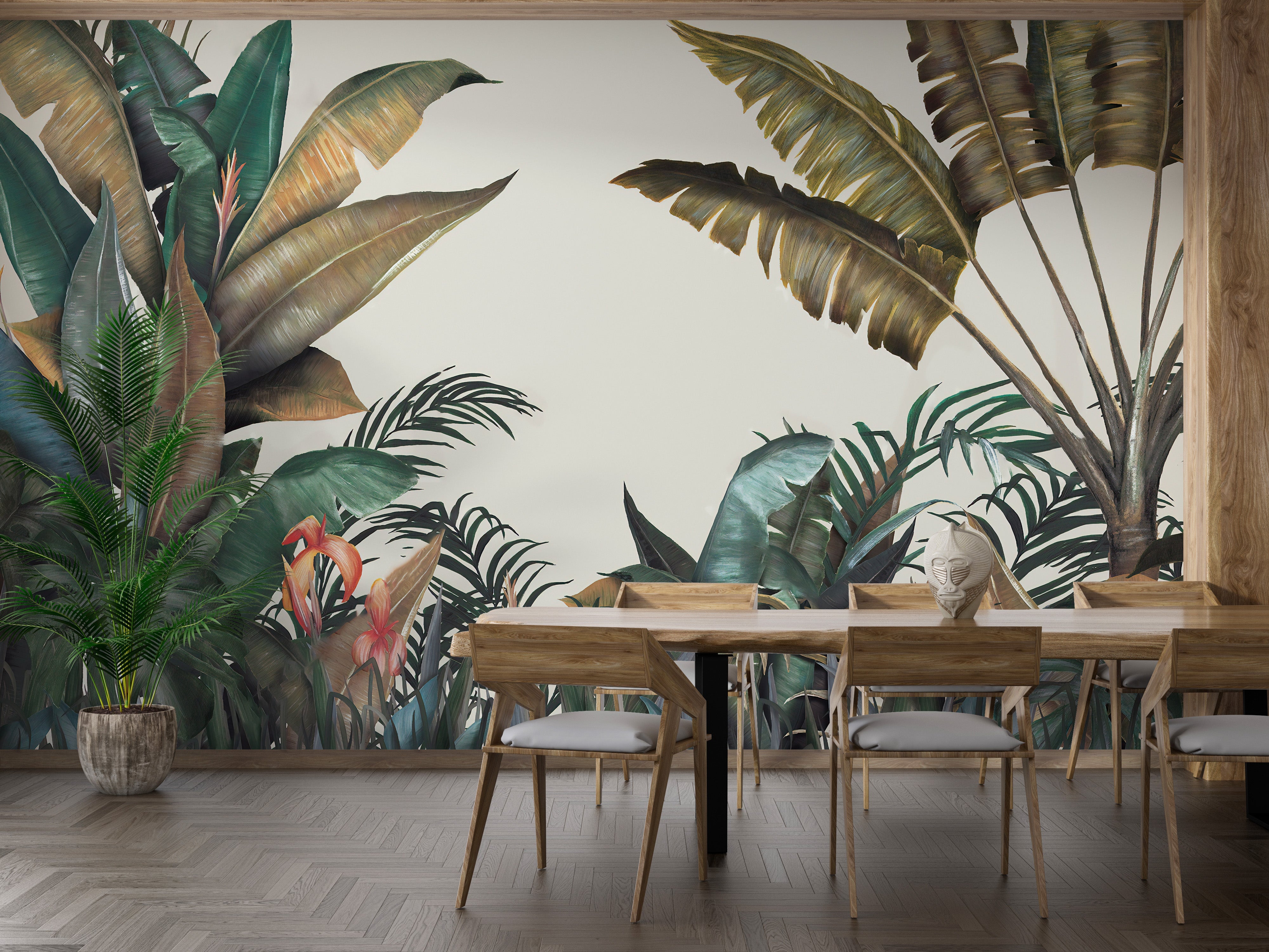 Green & Dusty Yellow Tropical Leaves Wallpaper Mural - Giffywalls