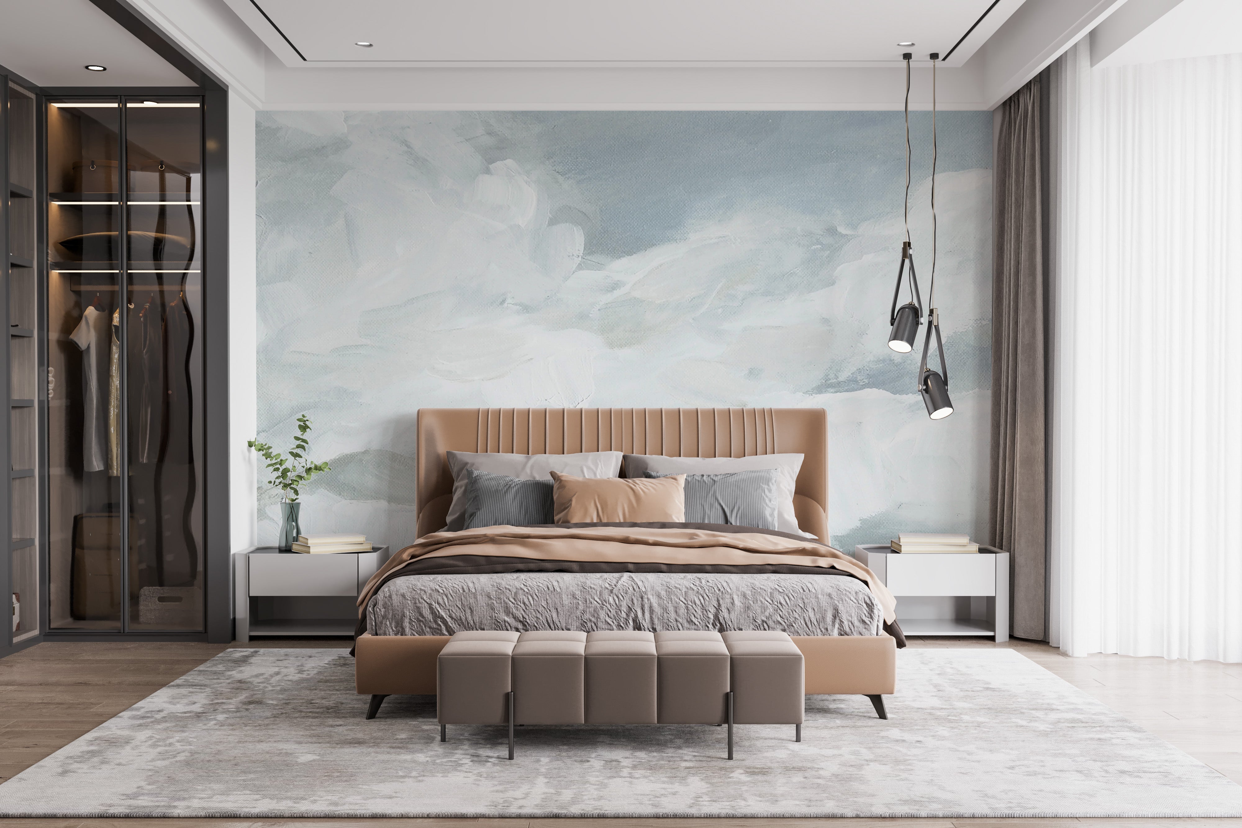 Watercolor clouds mural creates a dreamy bedroom retreat