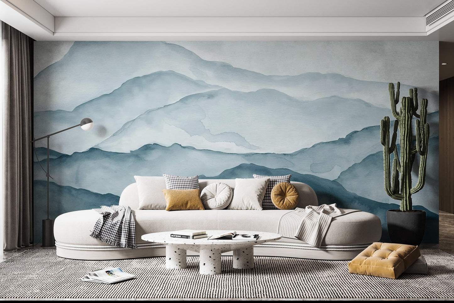 Blue Watercolor Mountain Mural adds charm to the living room