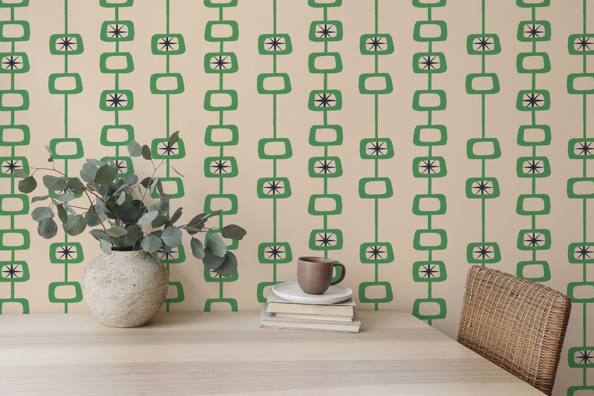 Green Linen Mid Century Atomic Orbs Wallpaper design
