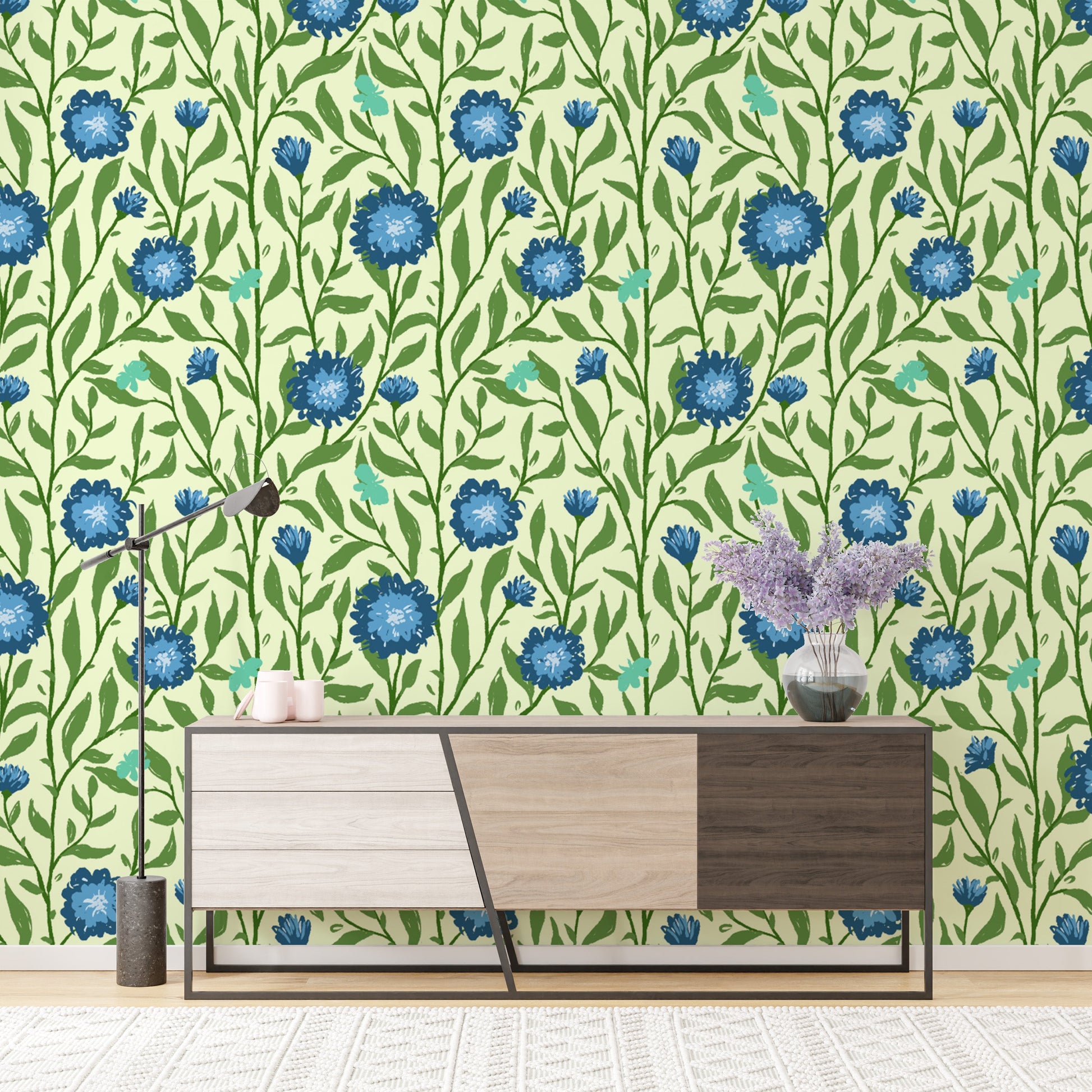 Artistic light blue spring trellis mural for unique and chic decor.
