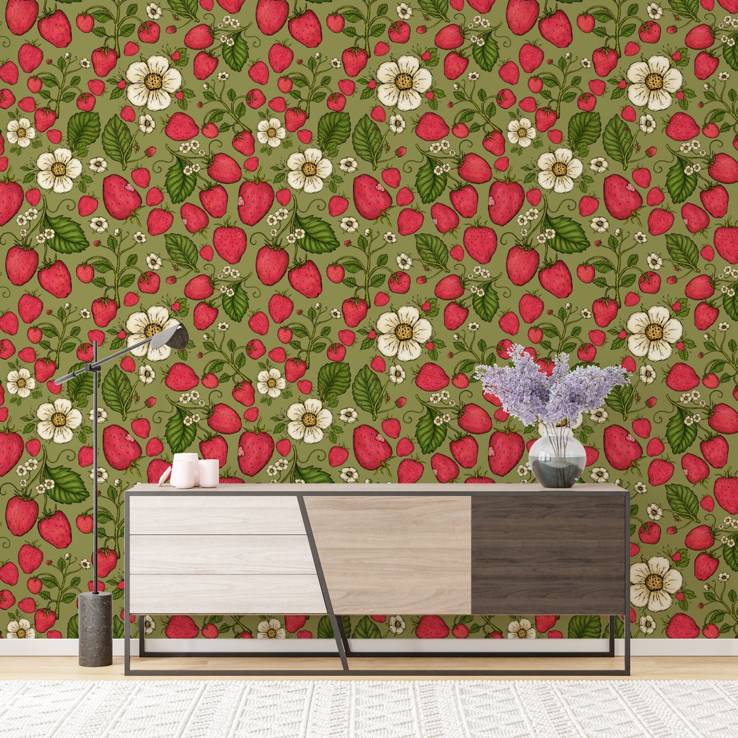 Summer-inspired strawberry wallpaper with vibrant green tones.
