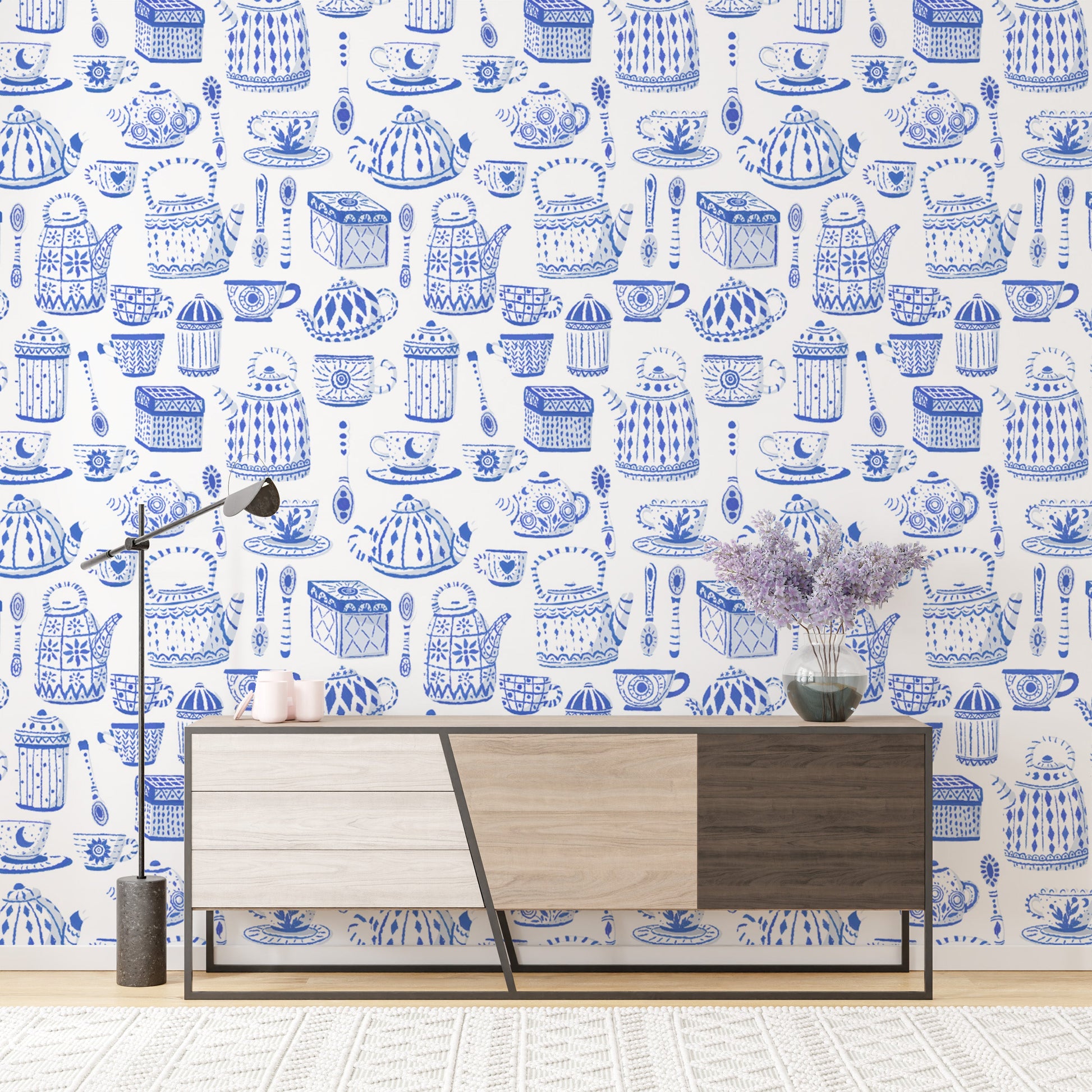 Soft blue tea set wallpaper for serene dining spaces.
