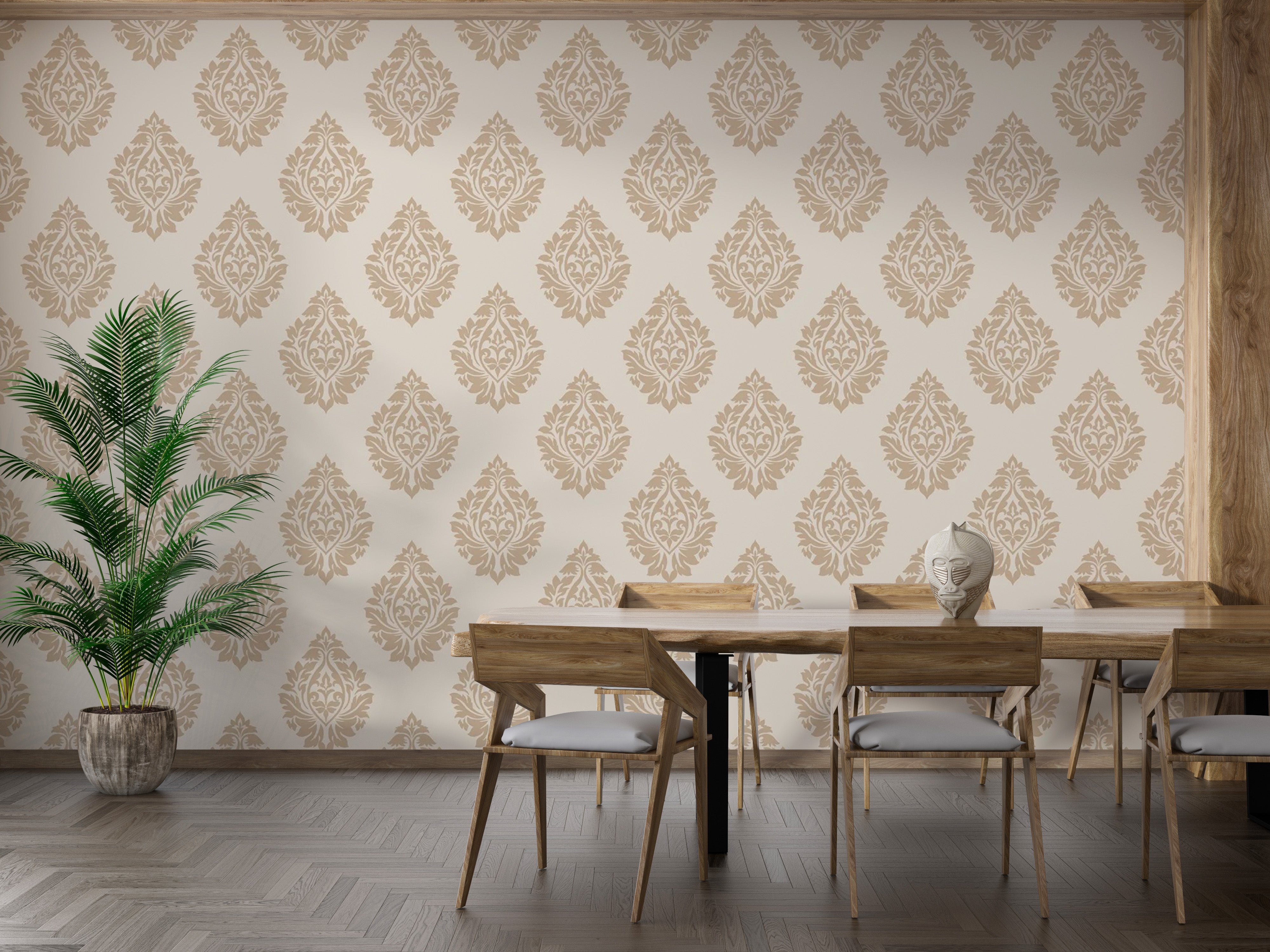 Victorian beige damask wallpaper with delicate repeat details.