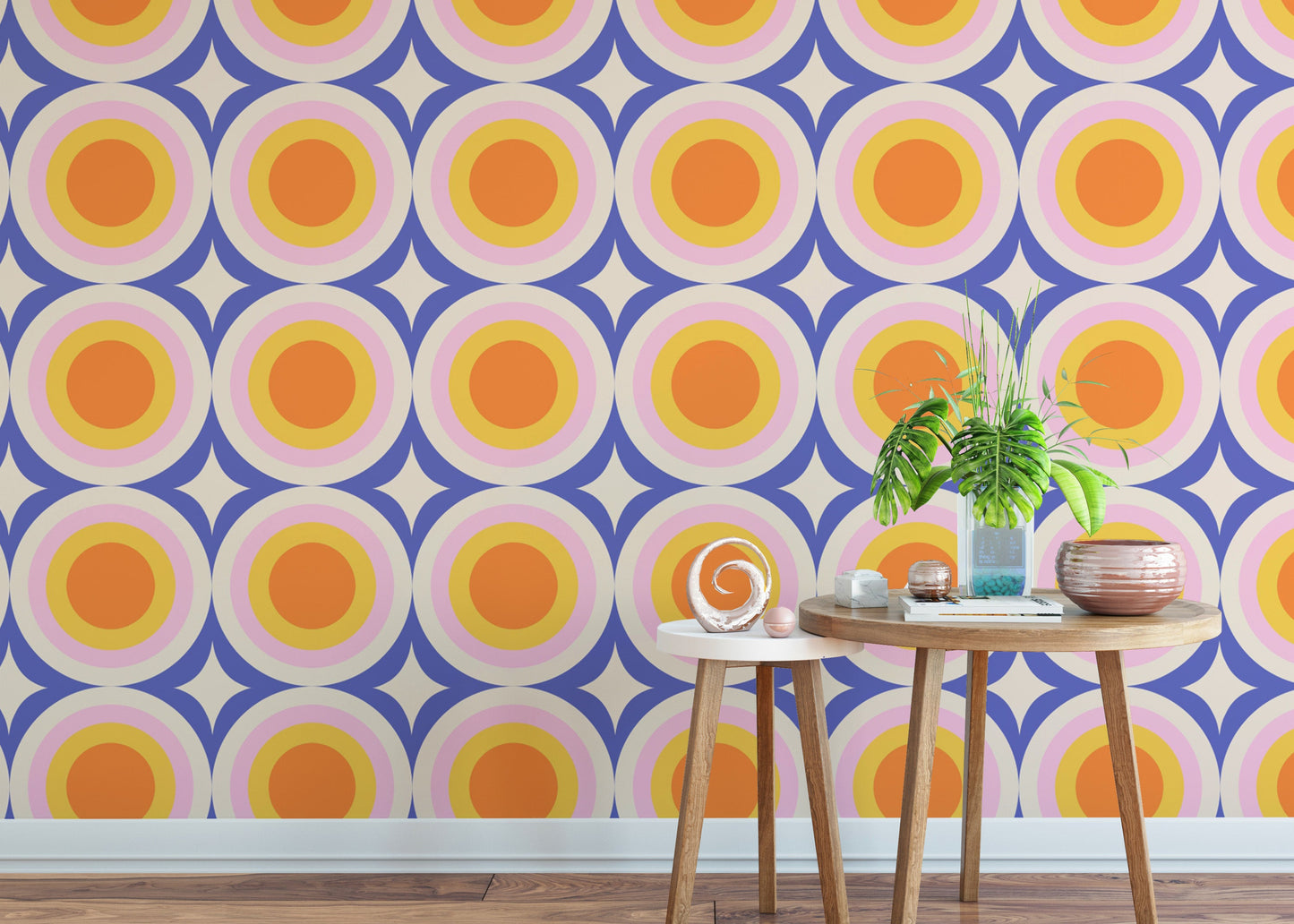 Purple wallpaper with striking orange dots
