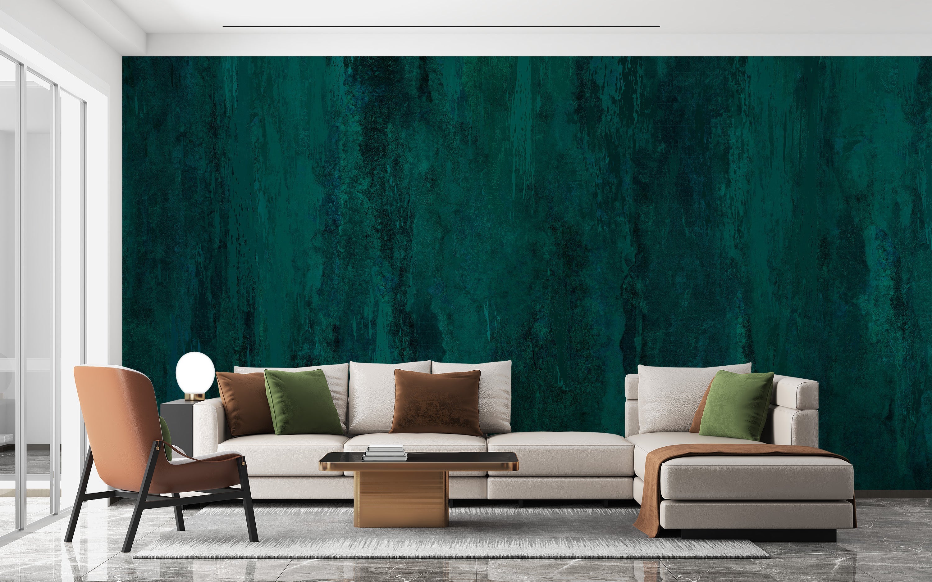 Bold teal grunge mural enhances living room interiors