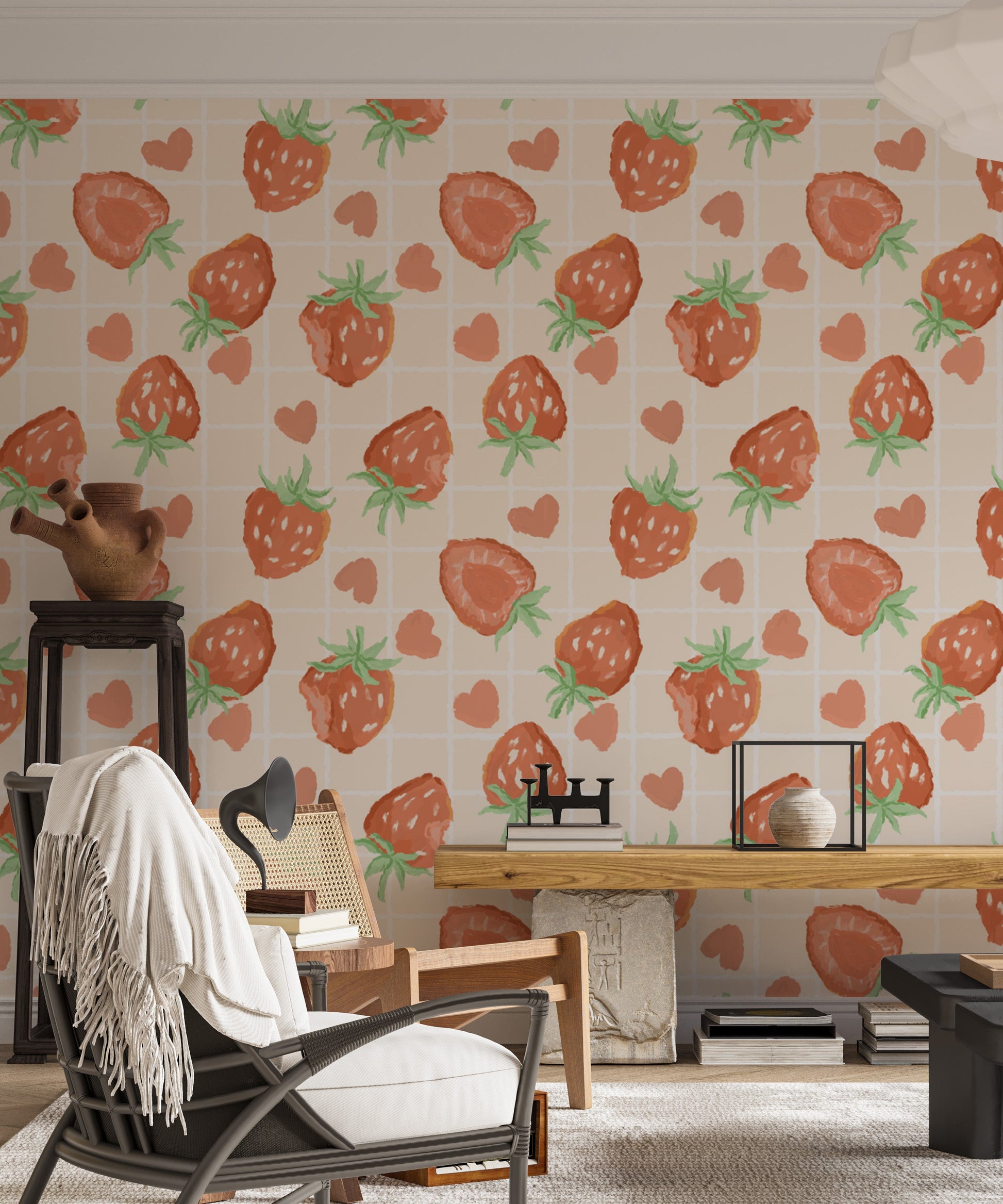 Artistic heartful strawberries wallpaper for unique, cheerful spaces.
