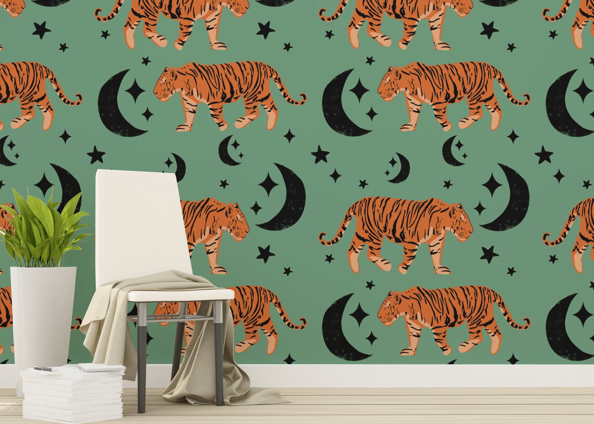 Fun Tiger Moon Green Kids Room Wallpaper art