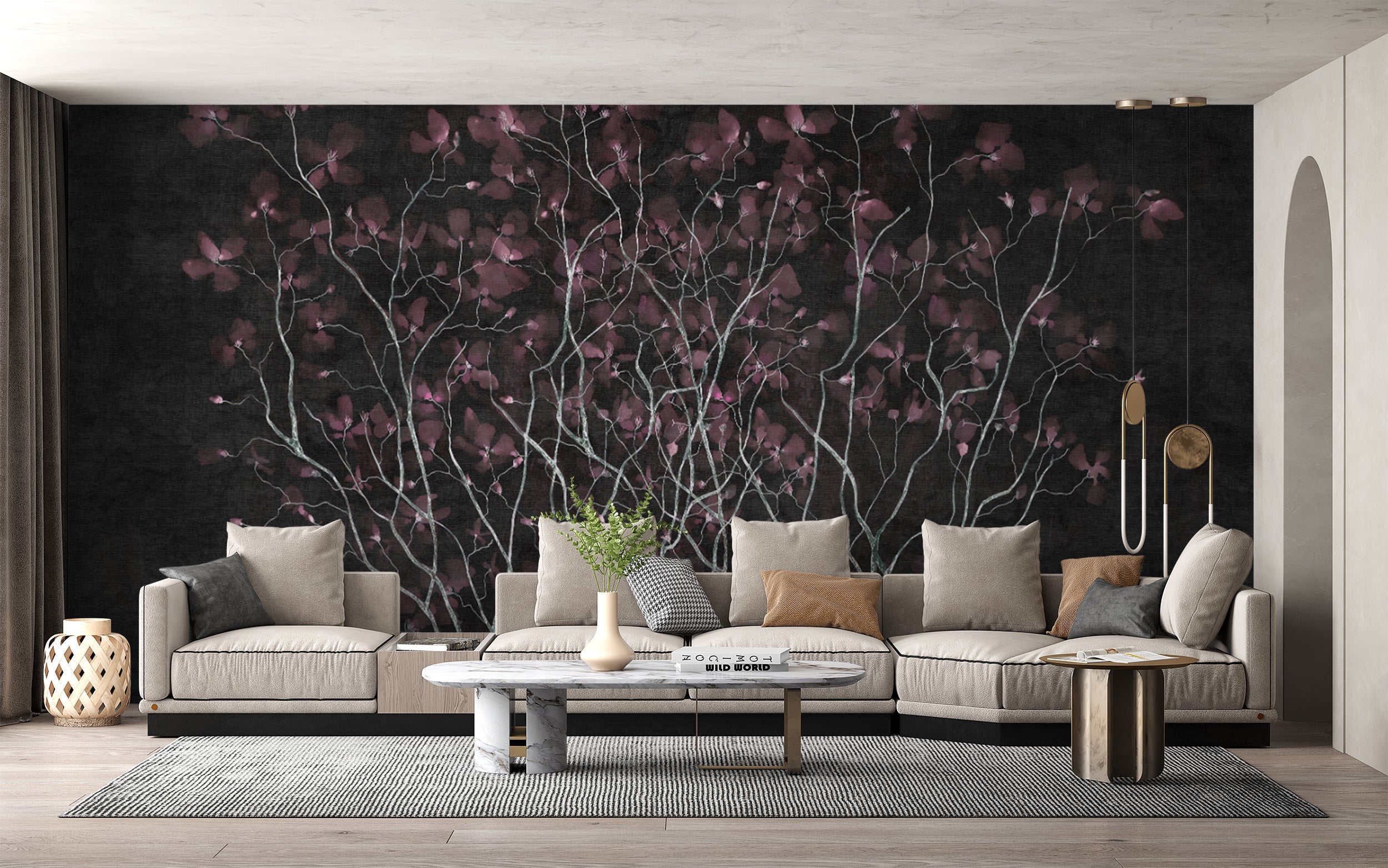 Elegant floral illusion wallpaper mural in dark nightshade hues