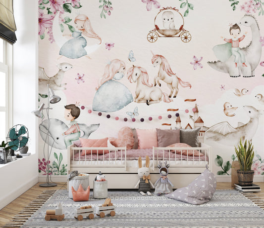 Storybook adventure wallpaper mural with whimsical scenes