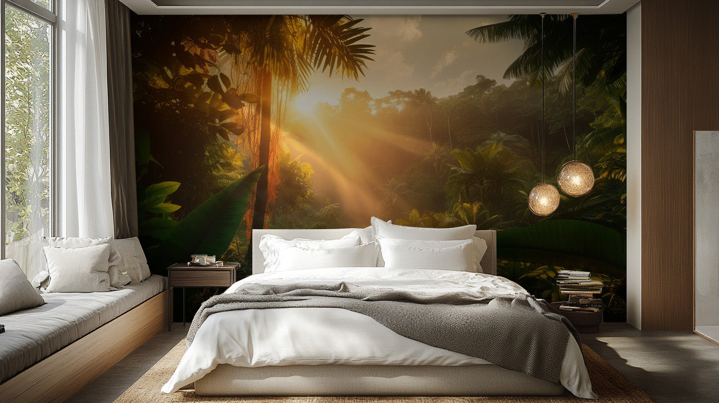 Unique rainforest-inspired wall mural for stylish bedroom interiors.