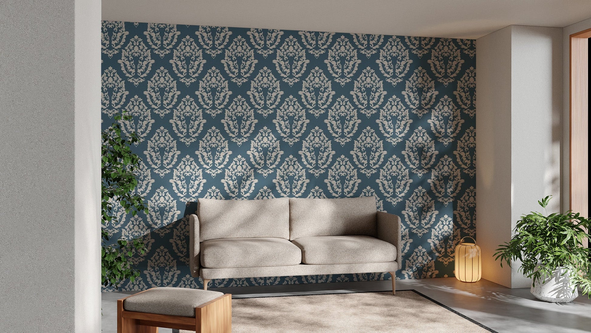 Stylish damask pattern blue mural wallpaper
