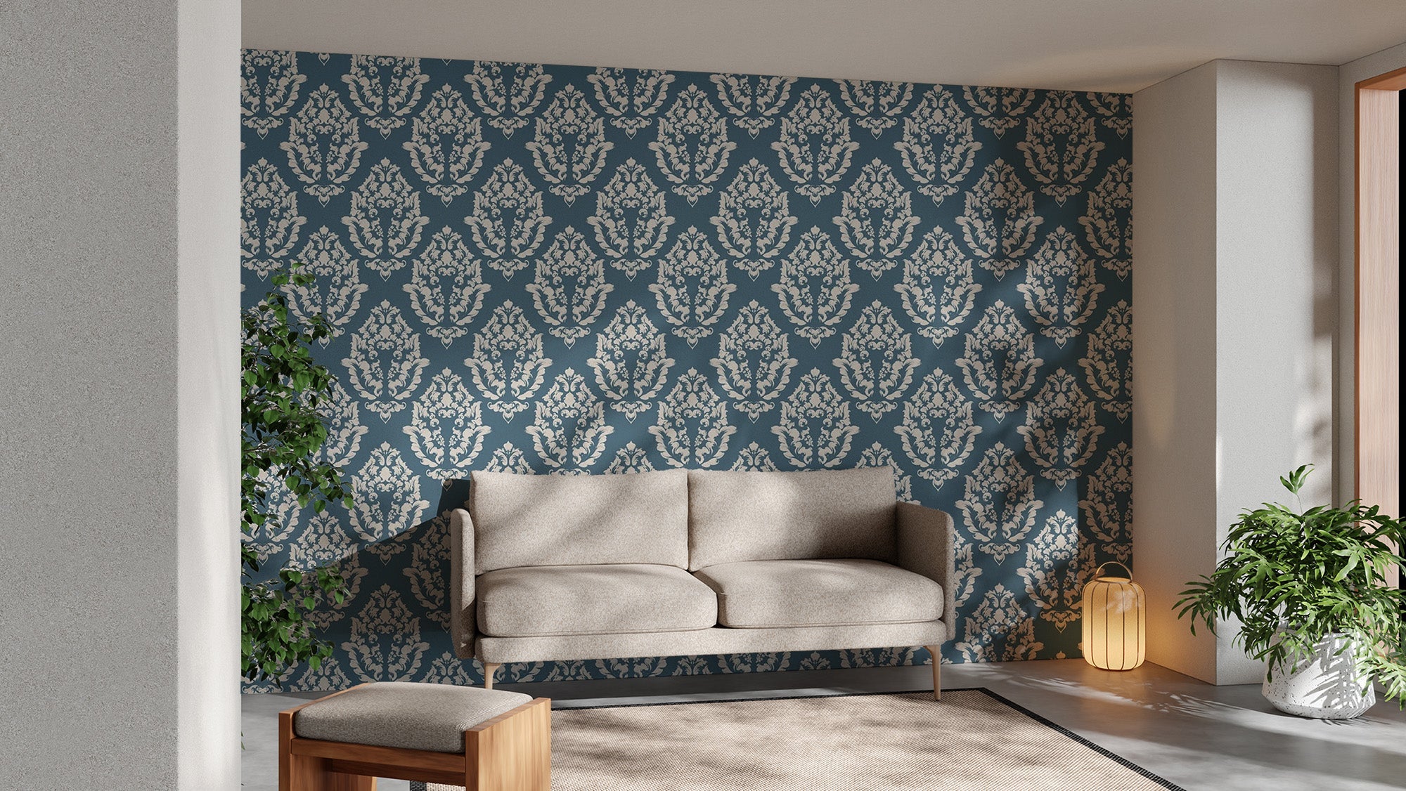 Stylish damask pattern blue mural wallpaper
